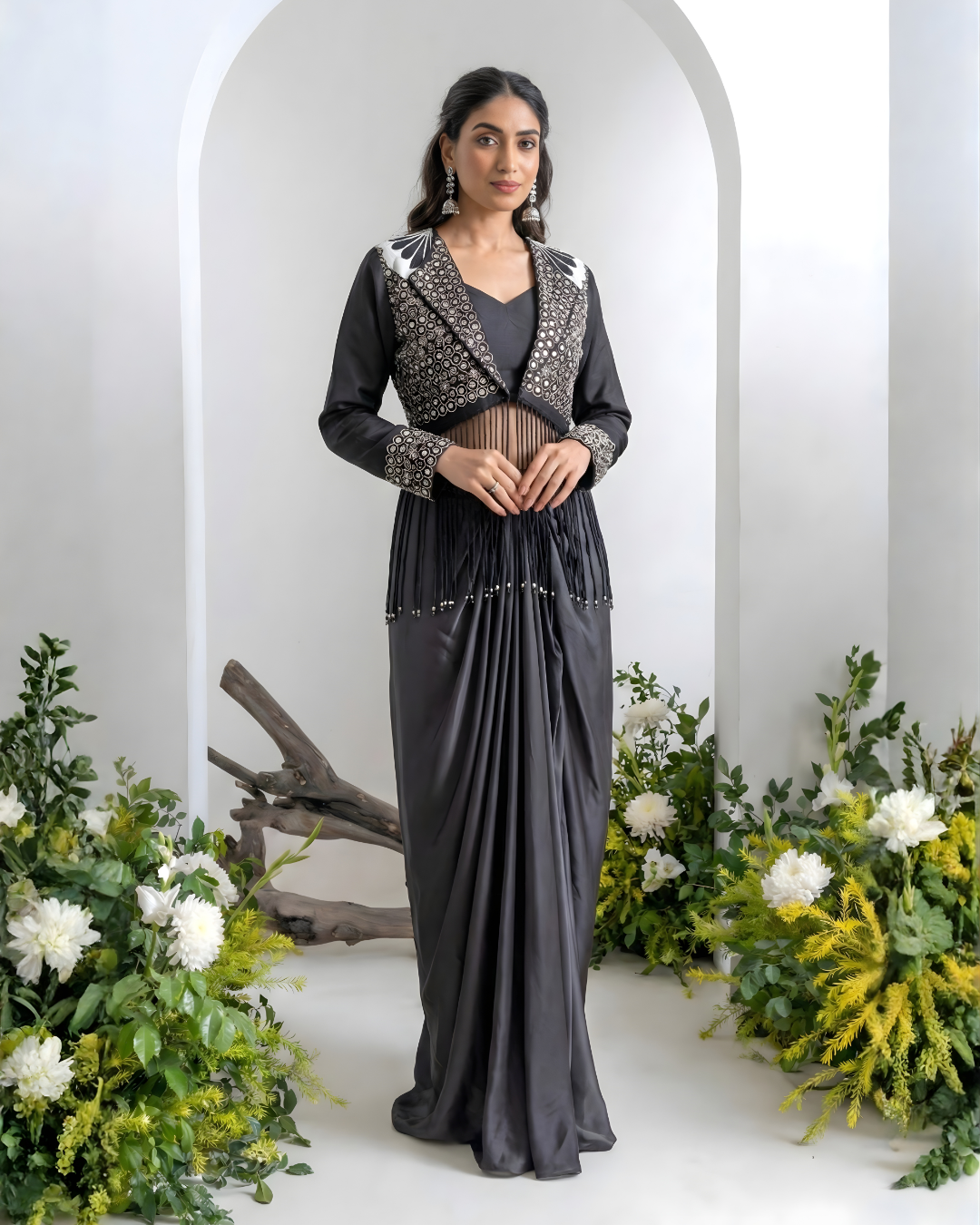 Charcoal Grey Indo-Western Drape Skirt Set