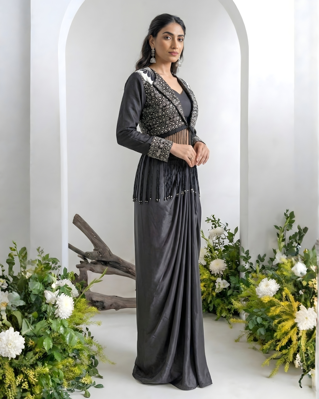 Charcoal Grey Indo-Western Drape Skirt Set