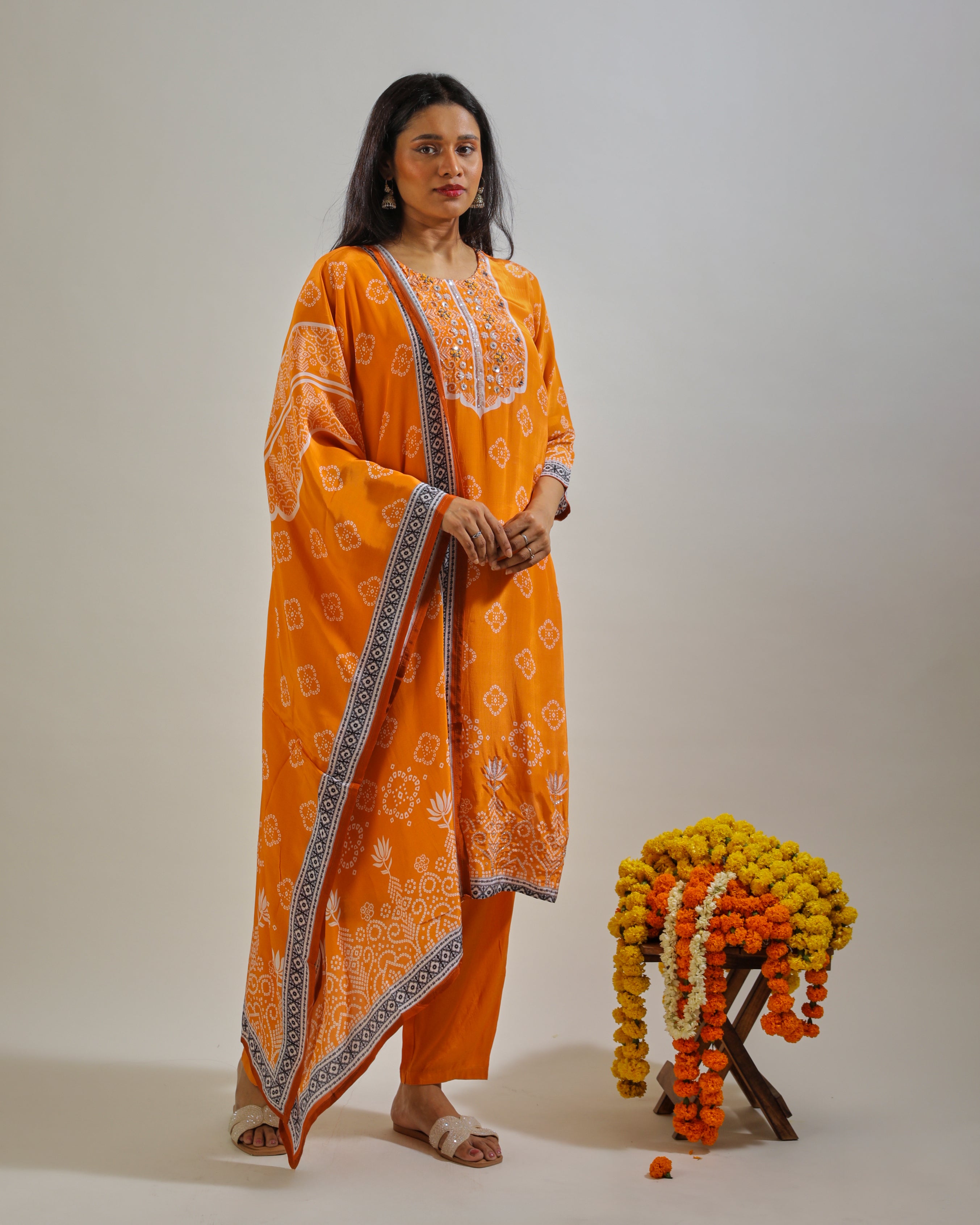 Mustard Orange Kurta Set with Printed Dupatta