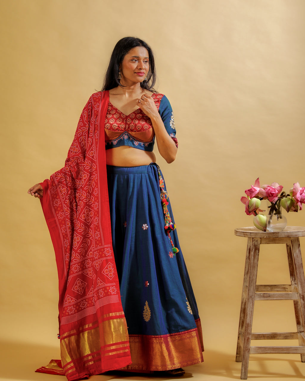 Handcrafted Satin Cotton Lehenga with Bandhani Dupatta