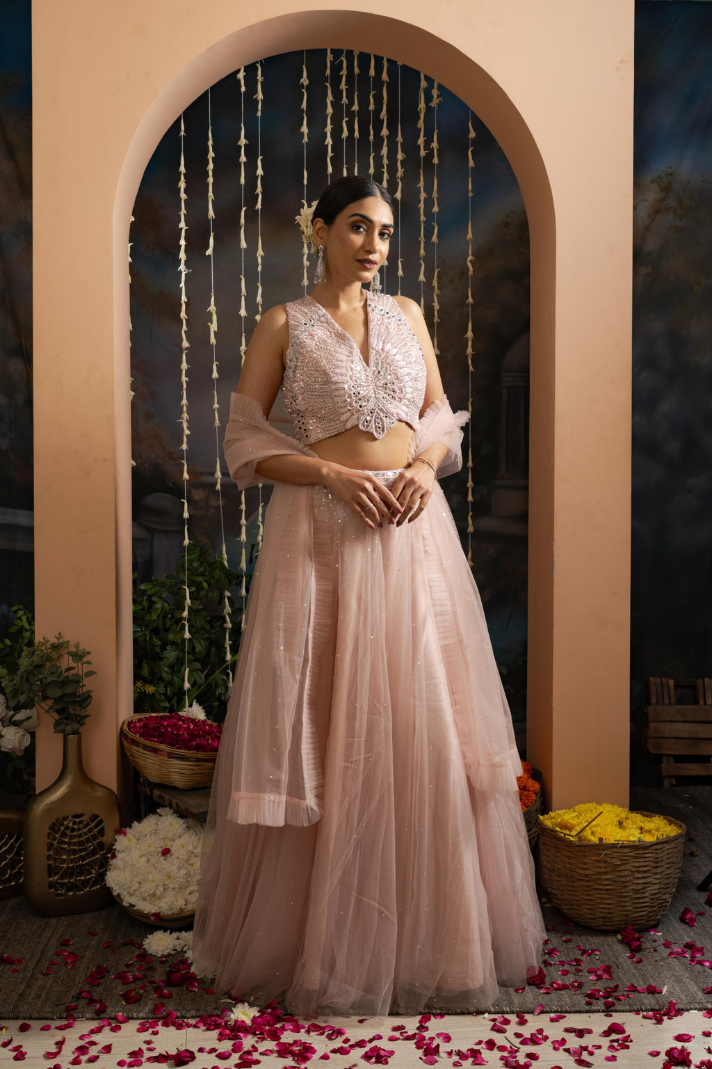 Blush Pink Soft Net Lehenga Set with Mirror &amp; Hand Embroidery