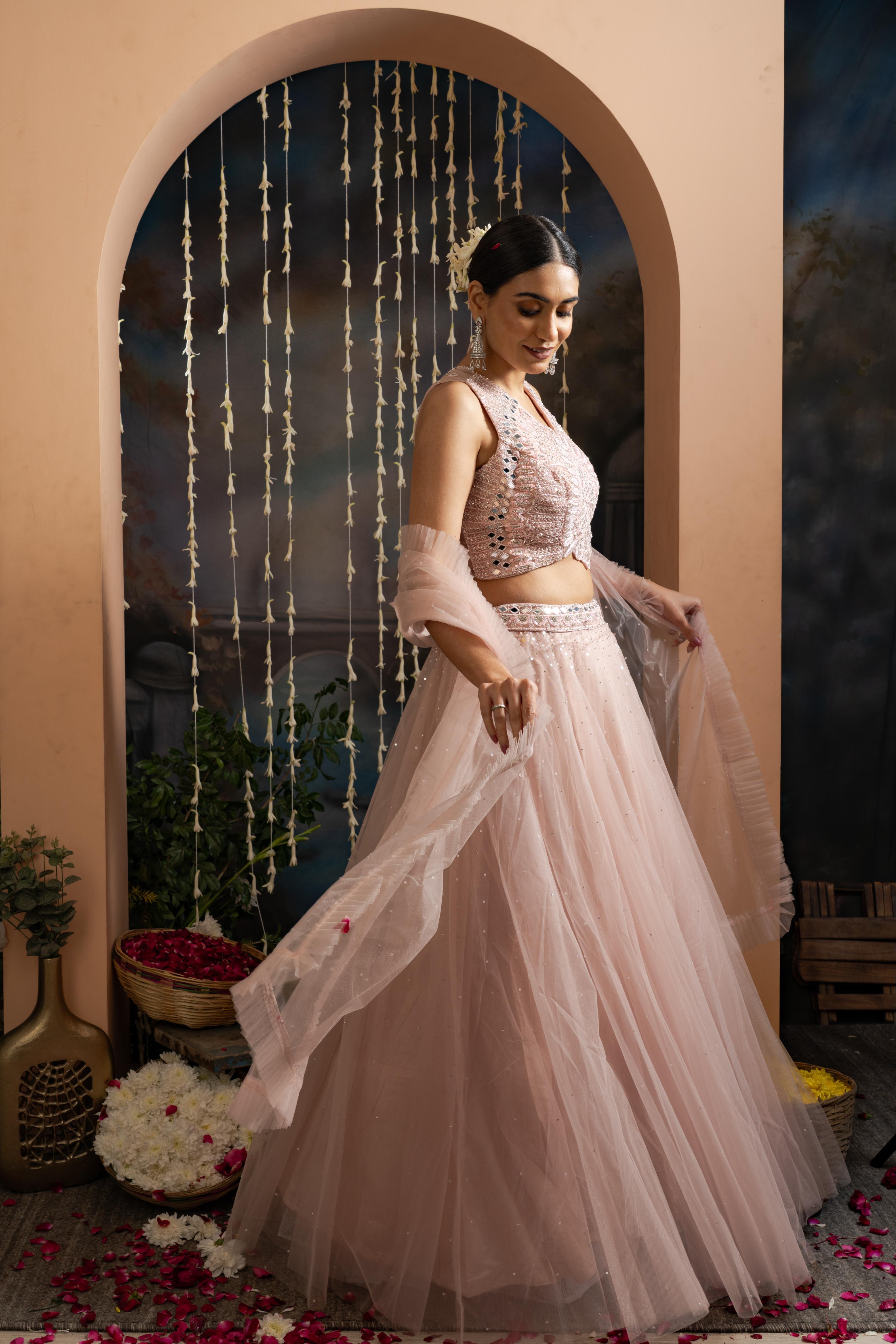 Blush Pink Soft Net Lehenga Set with Mirror &amp; Hand Embroidery
