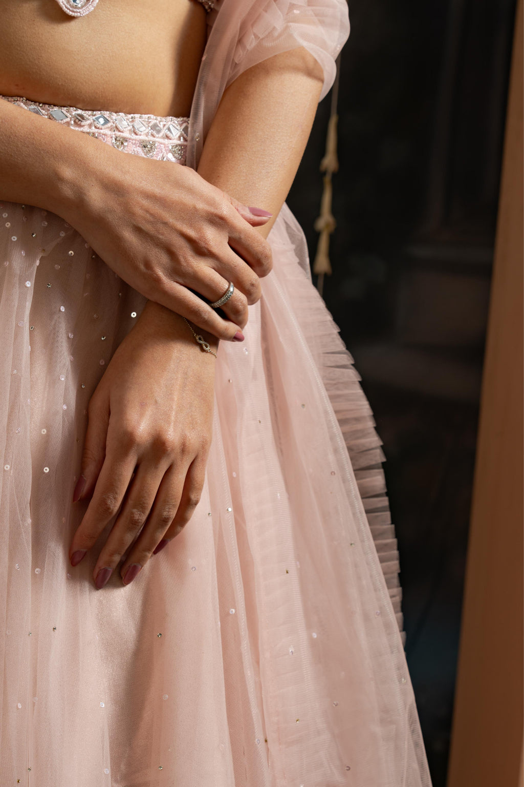 Blush Pink Soft Net Lehenga Set with Mirror &amp; Hand Embroidery