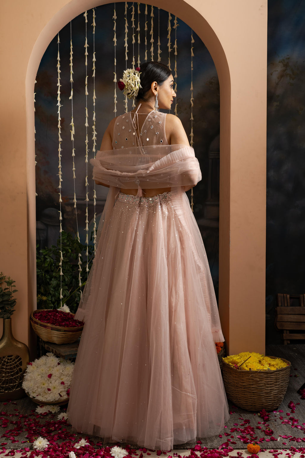 Blush Pink Soft Net Lehenga Set with Mirror &amp; Hand Embroidery