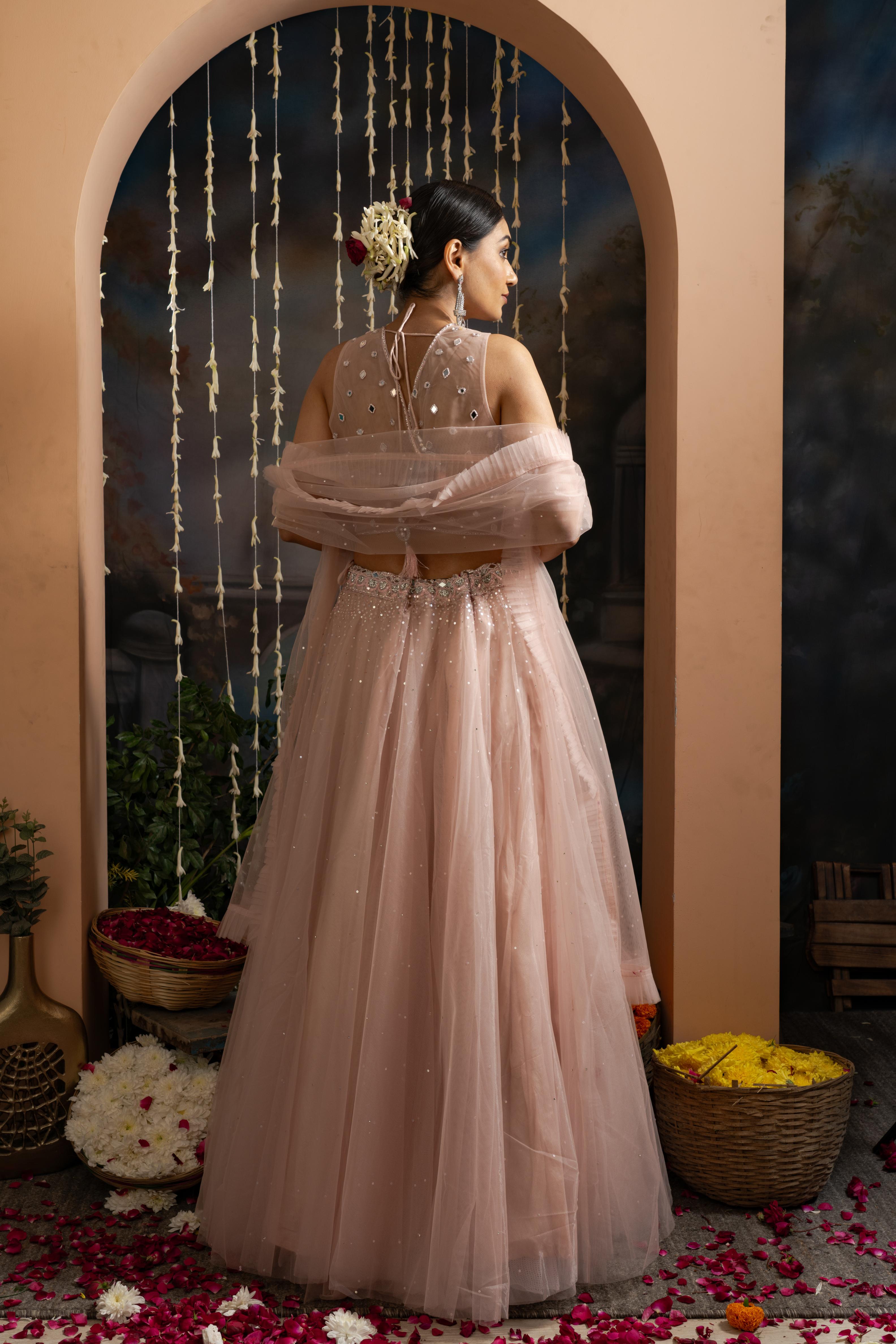 Blush Pink Soft Net Lehenga Set with Mirror &amp; Hand Embroidery