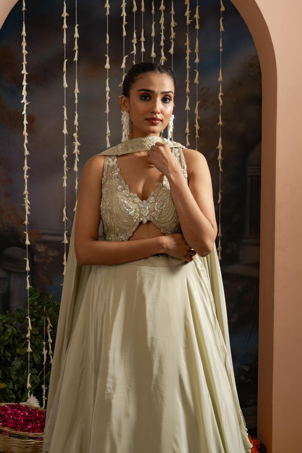 Ivory Pure Crepe Lehenga Set with Handworked Net Blouse