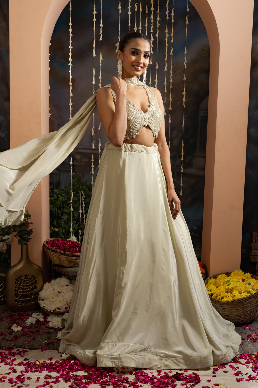 Ivory Pure Crepe Lehenga Set with Handworked Net Blouse