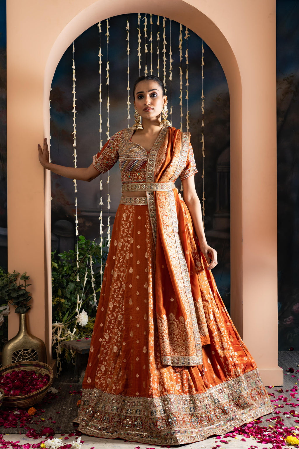 Rust Orange Pure Shimmer Tissue Banarasi Lehenga Set