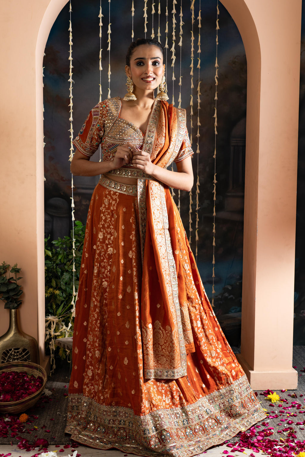 Rust Orange Pure Shimmer Tissue Banarasi Lehenga Set