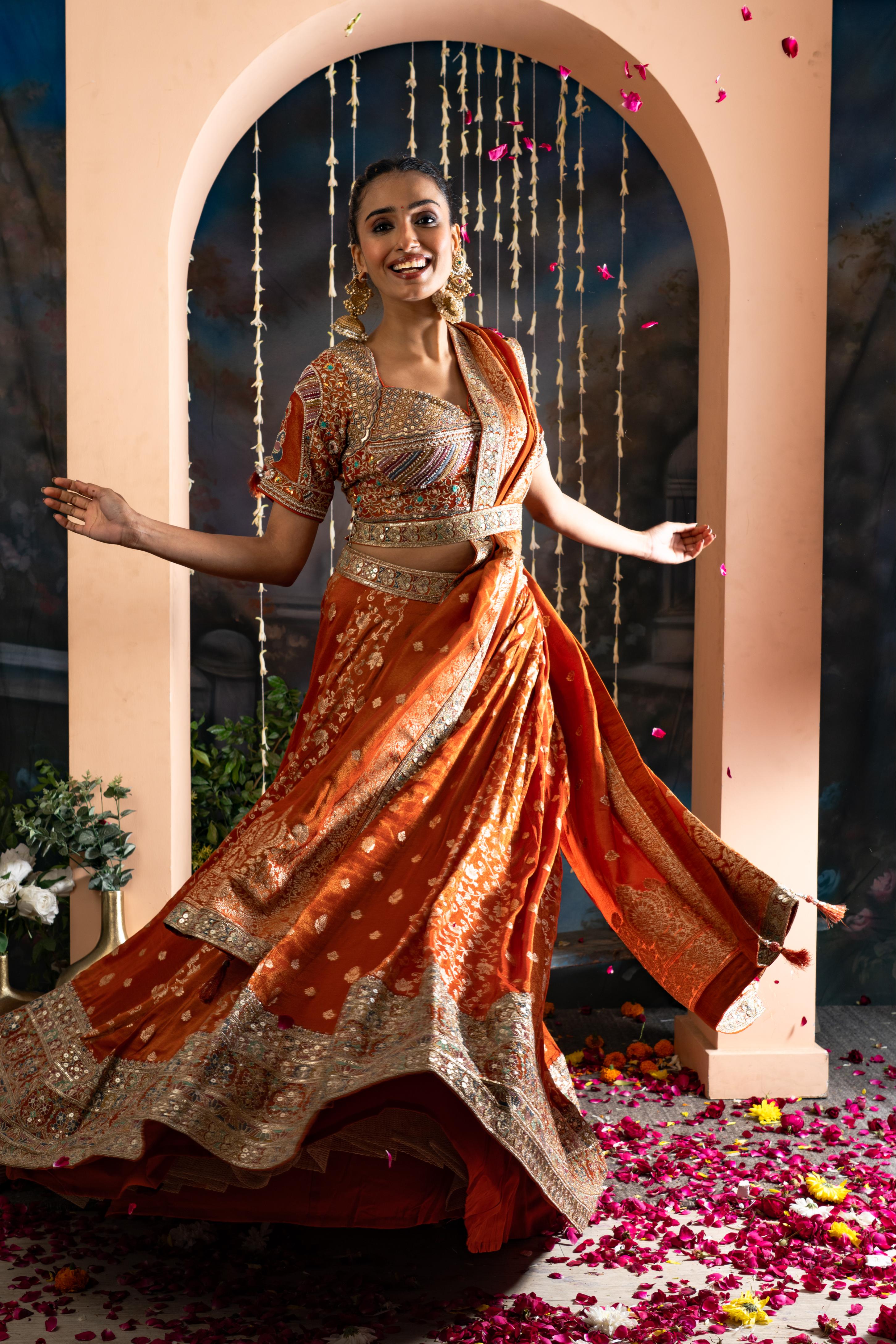 Rust Orange Pure Shimmer Tissue Banarasi Lehenga Set