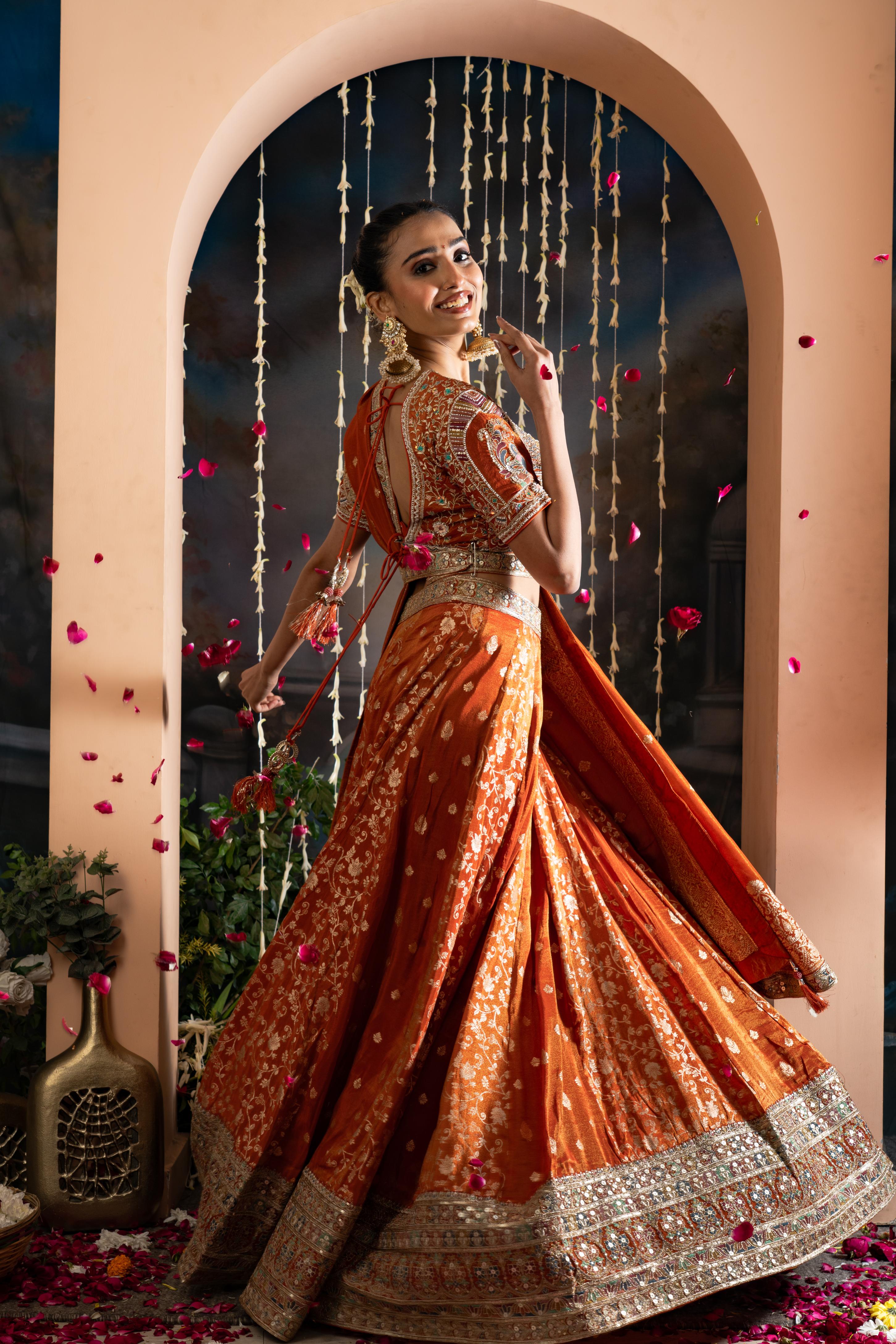 Rust Orange Pure Shimmer Tissue Banarasi Lehenga Set