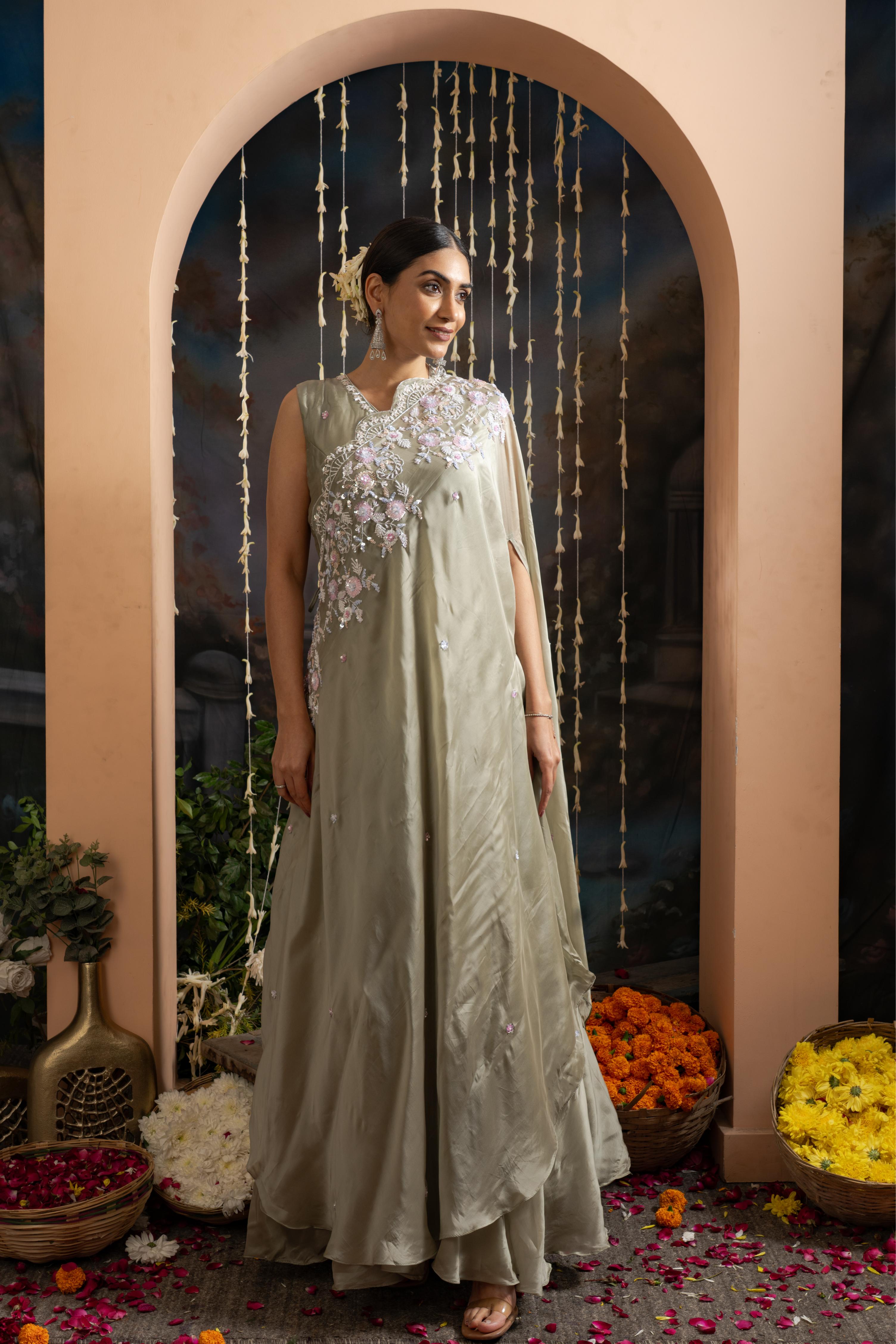 Sage Green Satin Crepe Gown with Draped Dupatta &amp; Hand Embellishment