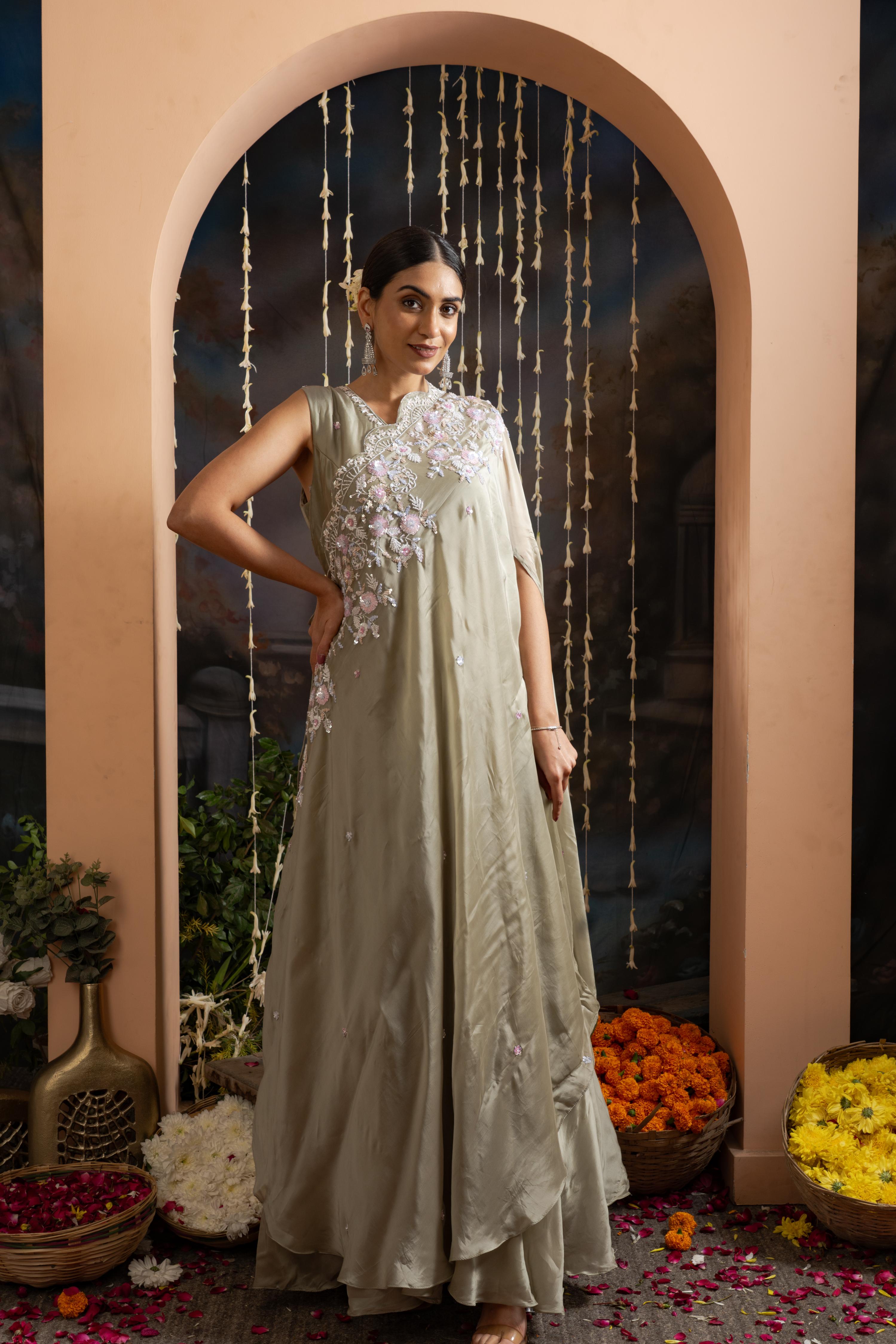 Sage Green Satin Crepe Gown with Draped Dupatta &amp; Hand Embellishment
