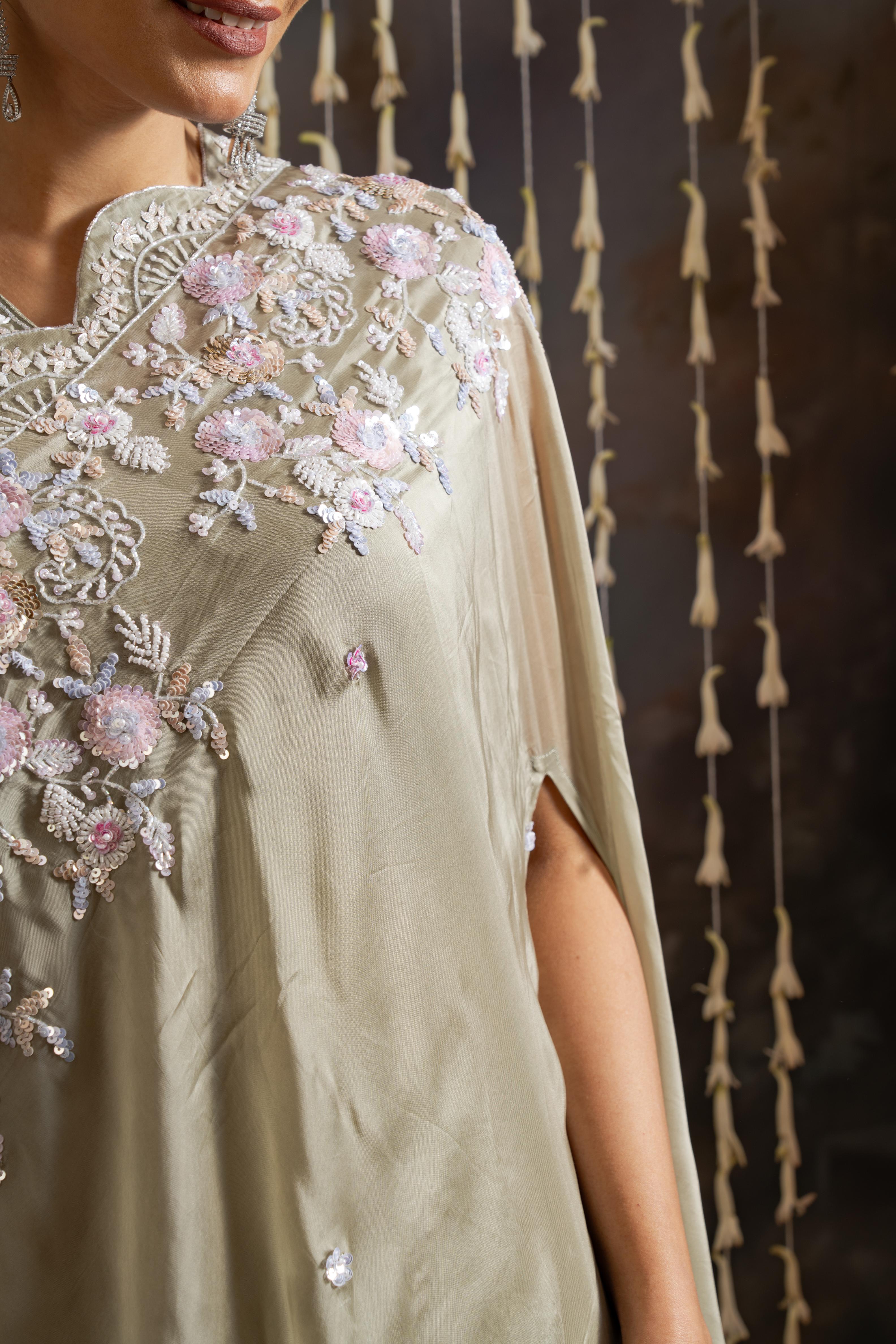 Sage Green Satin Crepe Gown with Draped Dupatta &amp; Hand Embellishment