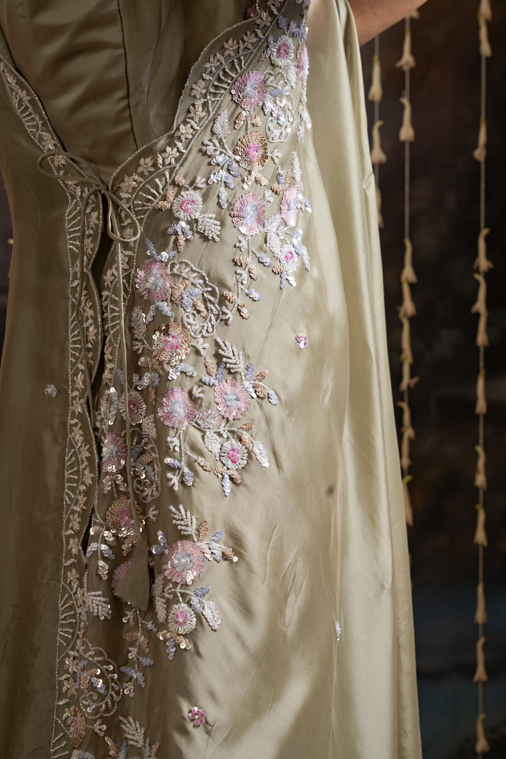 Sage Green Satin Crepe Gown with Draped Dupatta &amp; Hand Embellishment