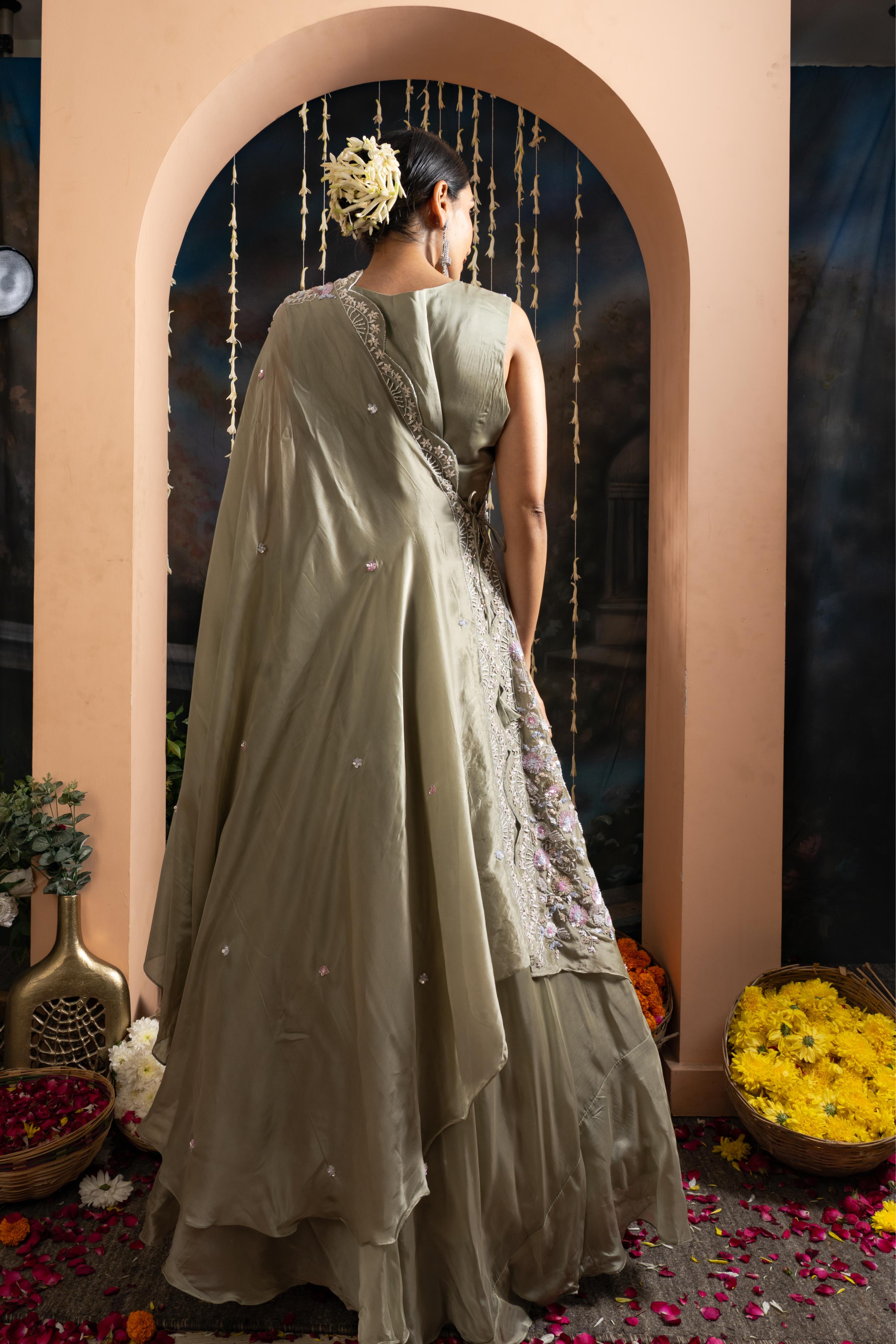 Sage Green Satin Crepe Gown with Draped Dupatta &amp; Hand Embellishment