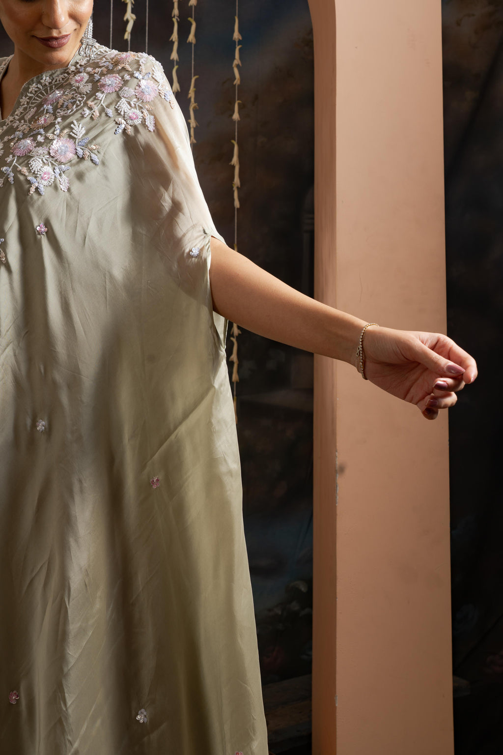 Sage Green Satin Crepe Gown with Draped Dupatta &amp; Hand Embellishment