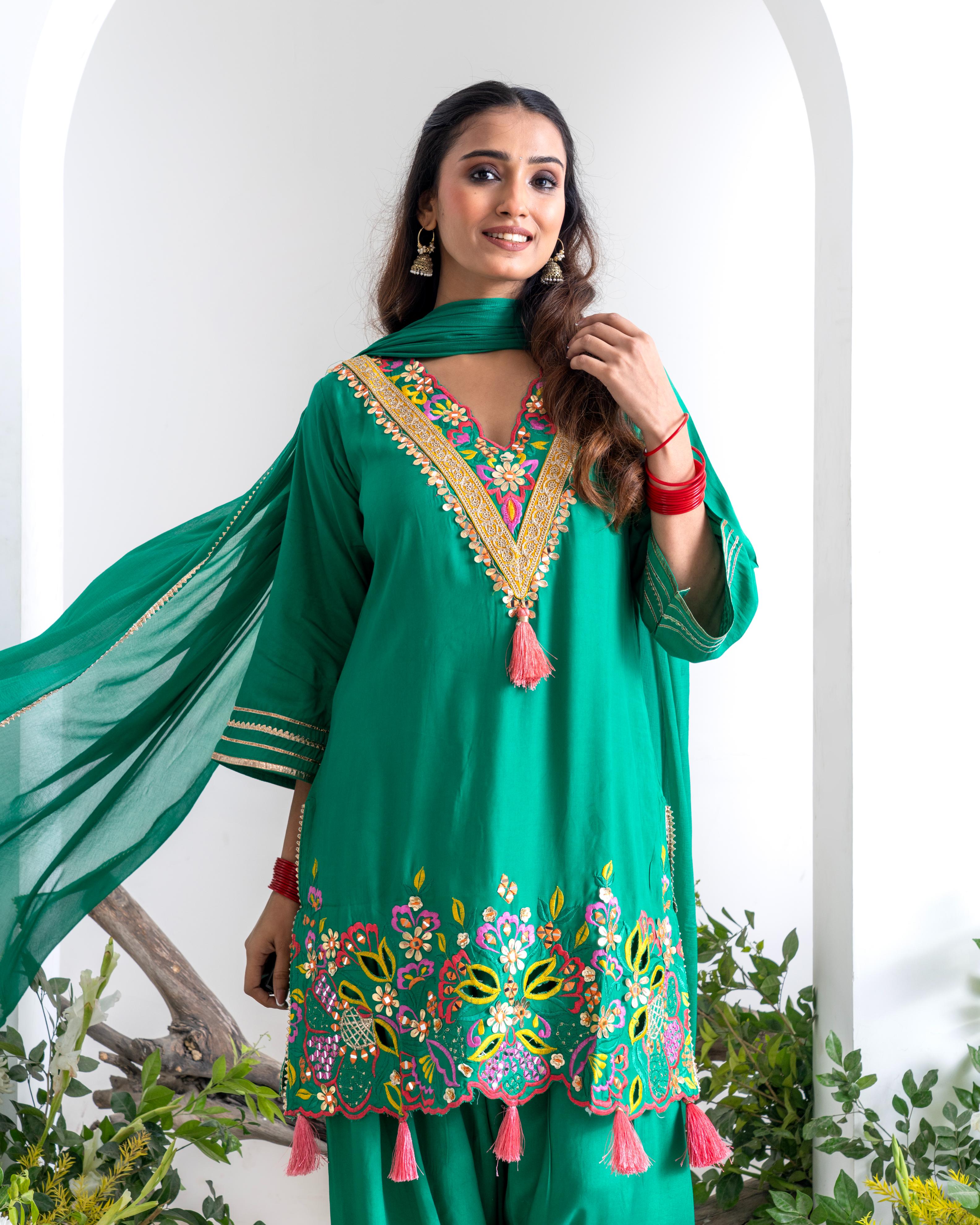 Emerald Green Pure Natural Crepe Kurta Set with Farshi Salwar