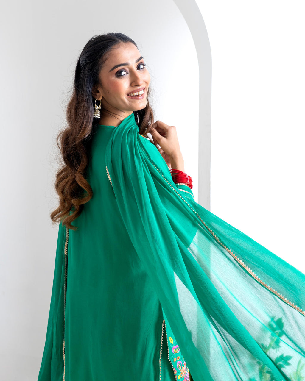 Emerald Green Pure Natural Crepe Kurta Set with Farshi Salwar
