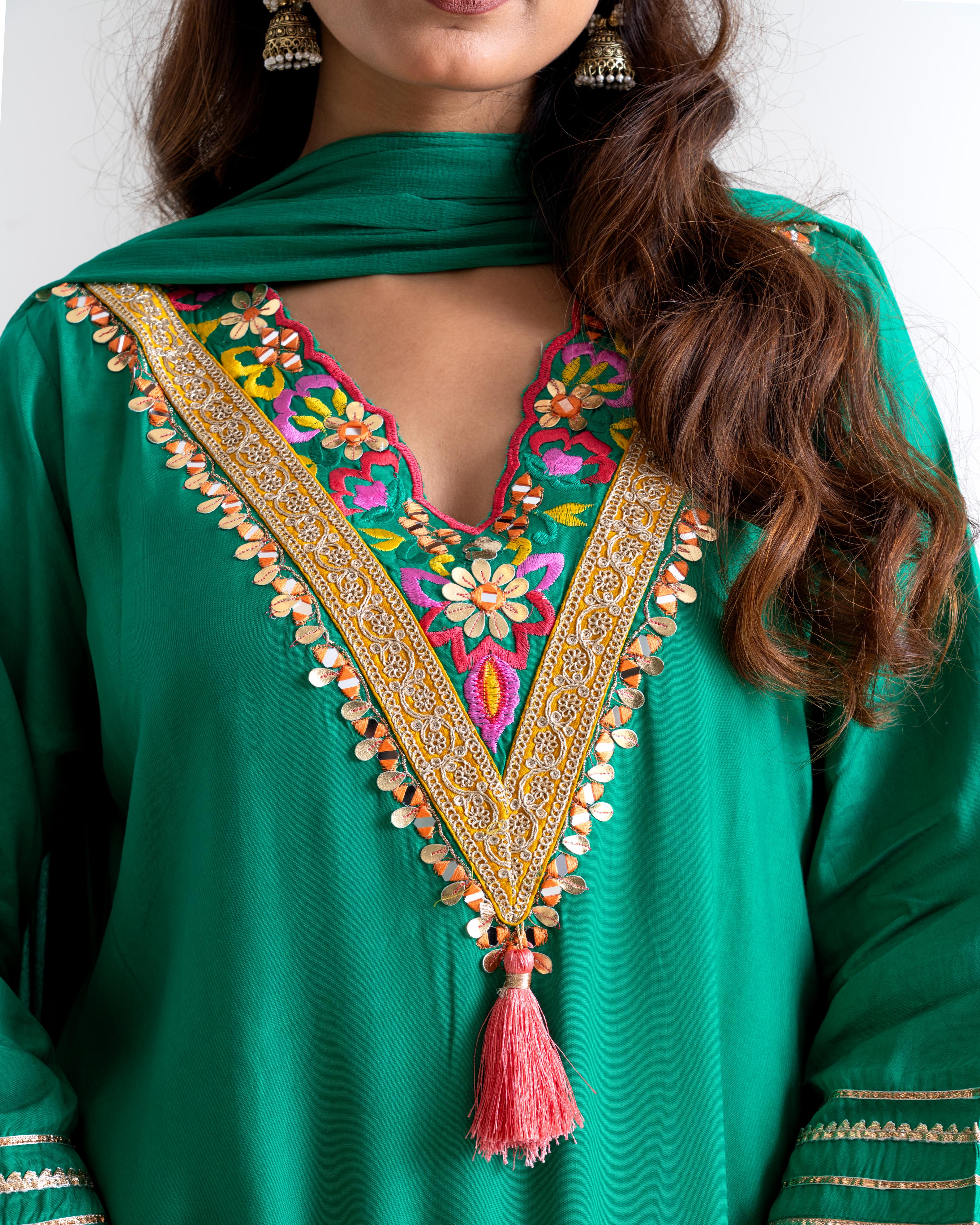 Emerald Green Pure Natural Crepe Kurta Set with Farshi Salwar