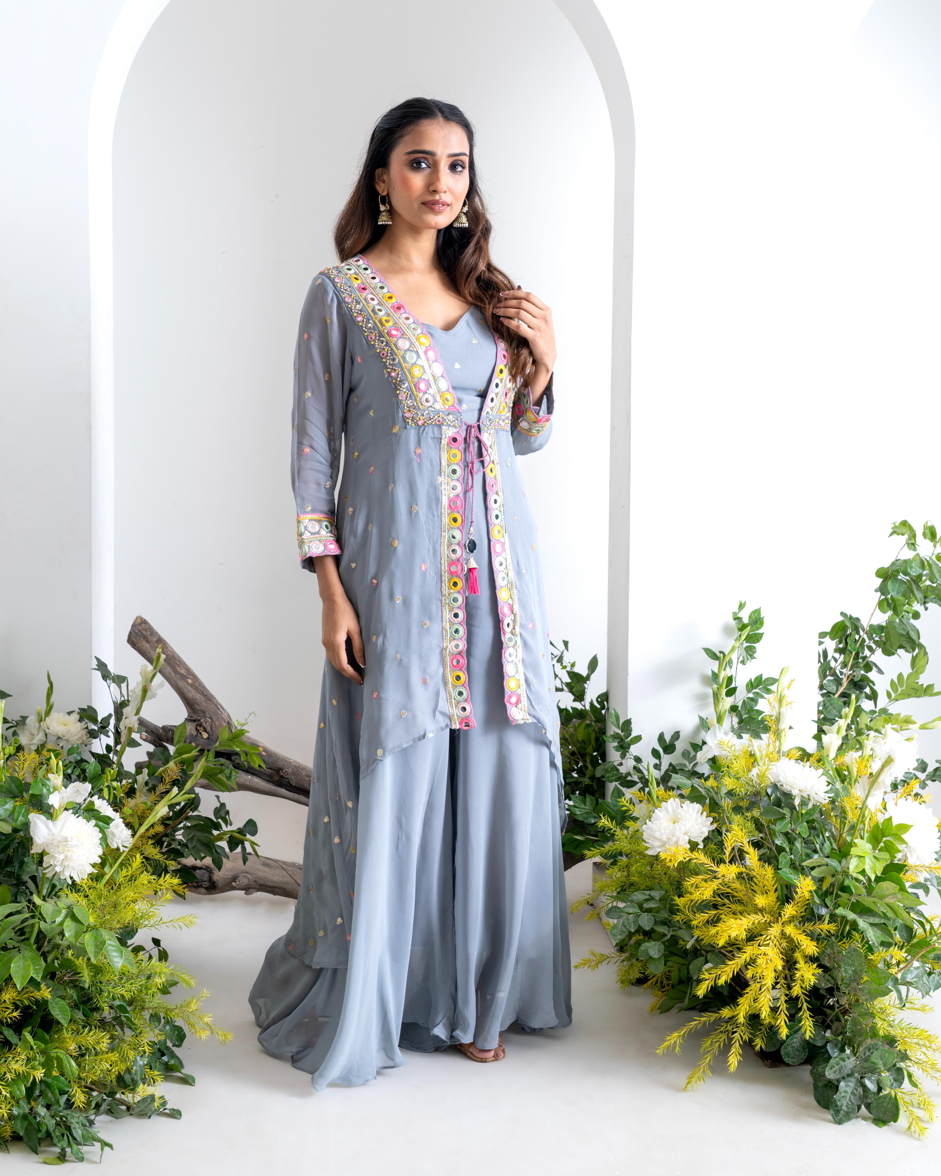 Powder Blue Pure Chiffon Indo-Western Sharara Set