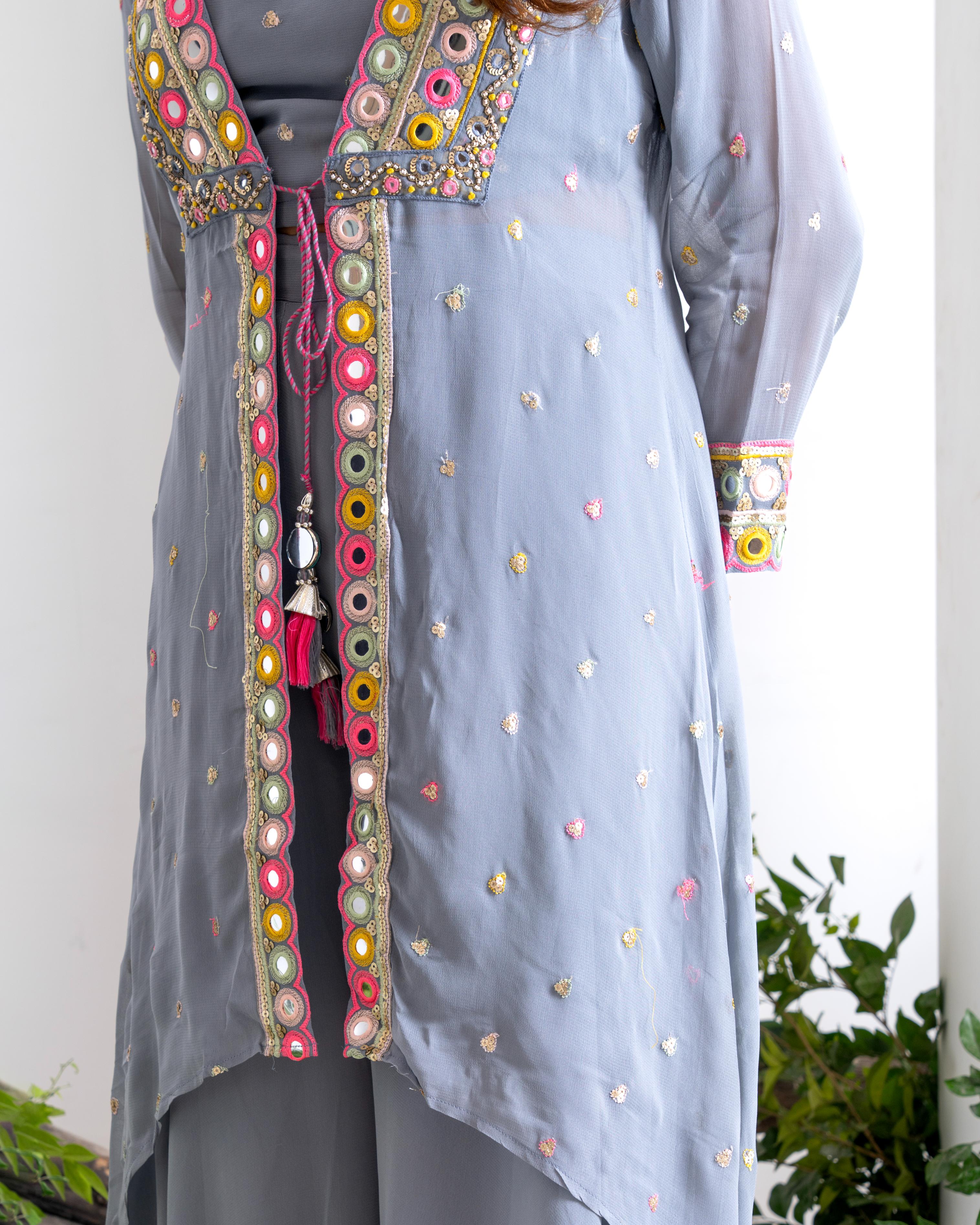 Powder Blue Pure Chiffon Indo-Western Sharara Set