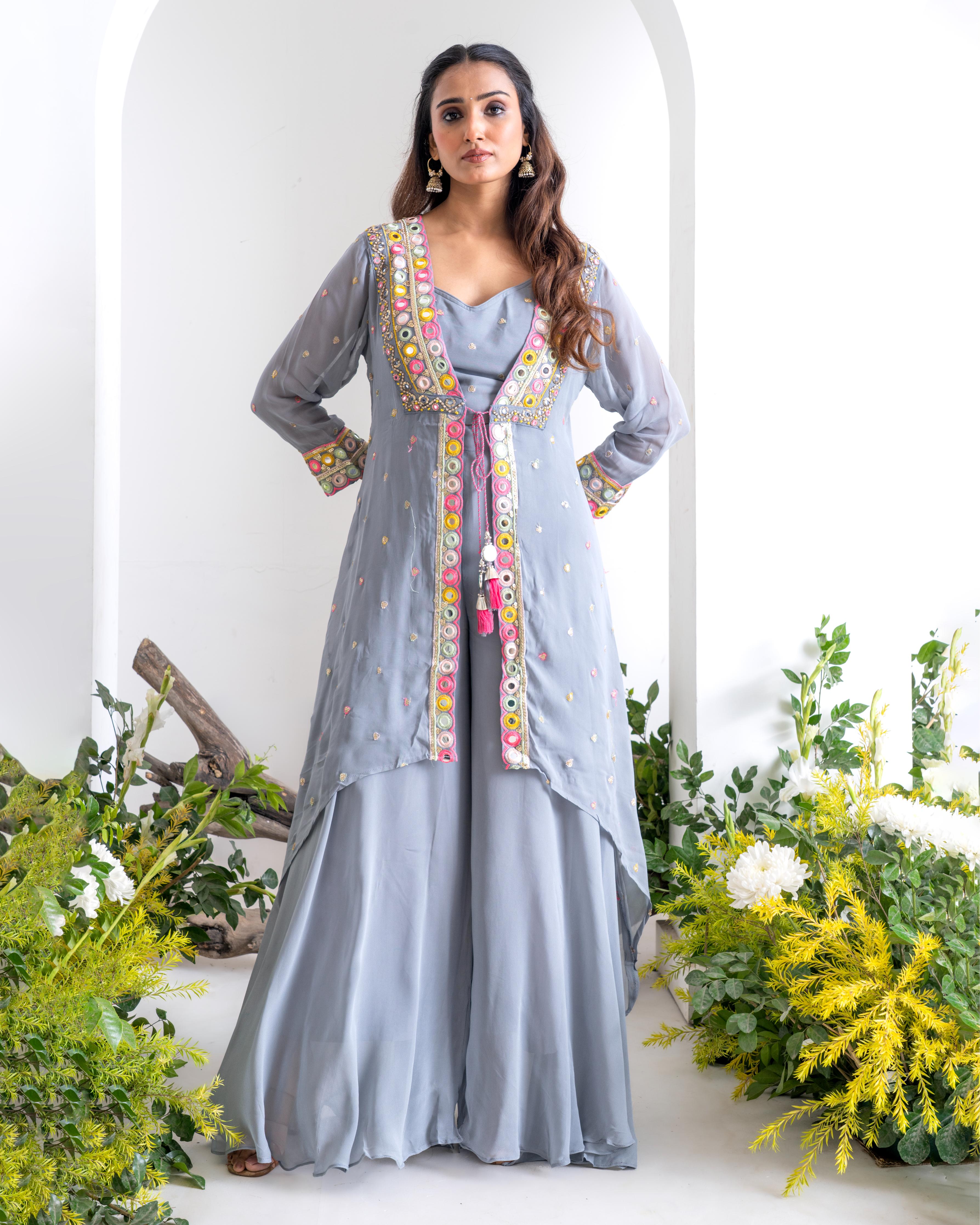 Powder Blue Pure Chiffon Indo-Western Sharara Set