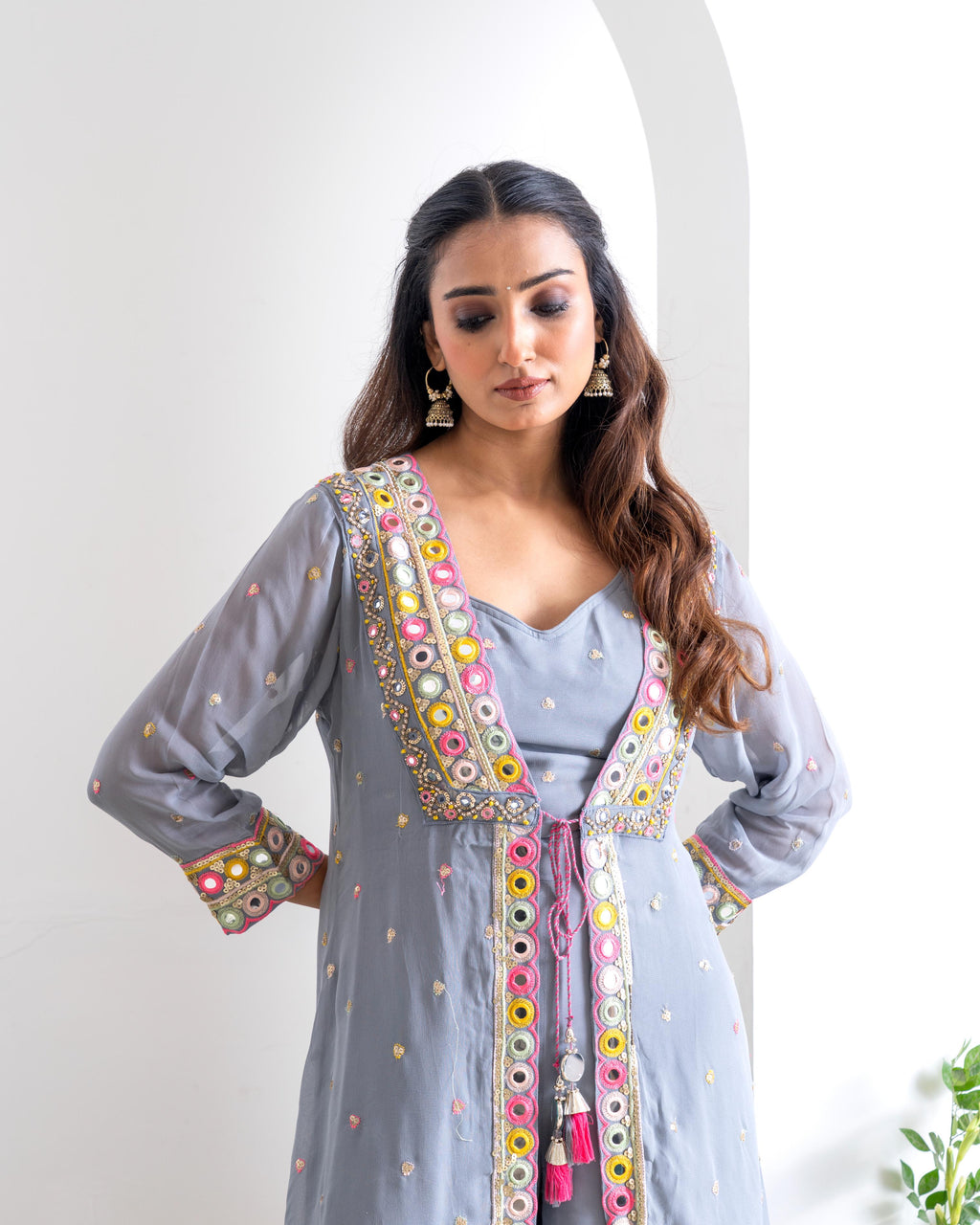 Powder Blue Pure Chiffon Indo-Western Sharara Set