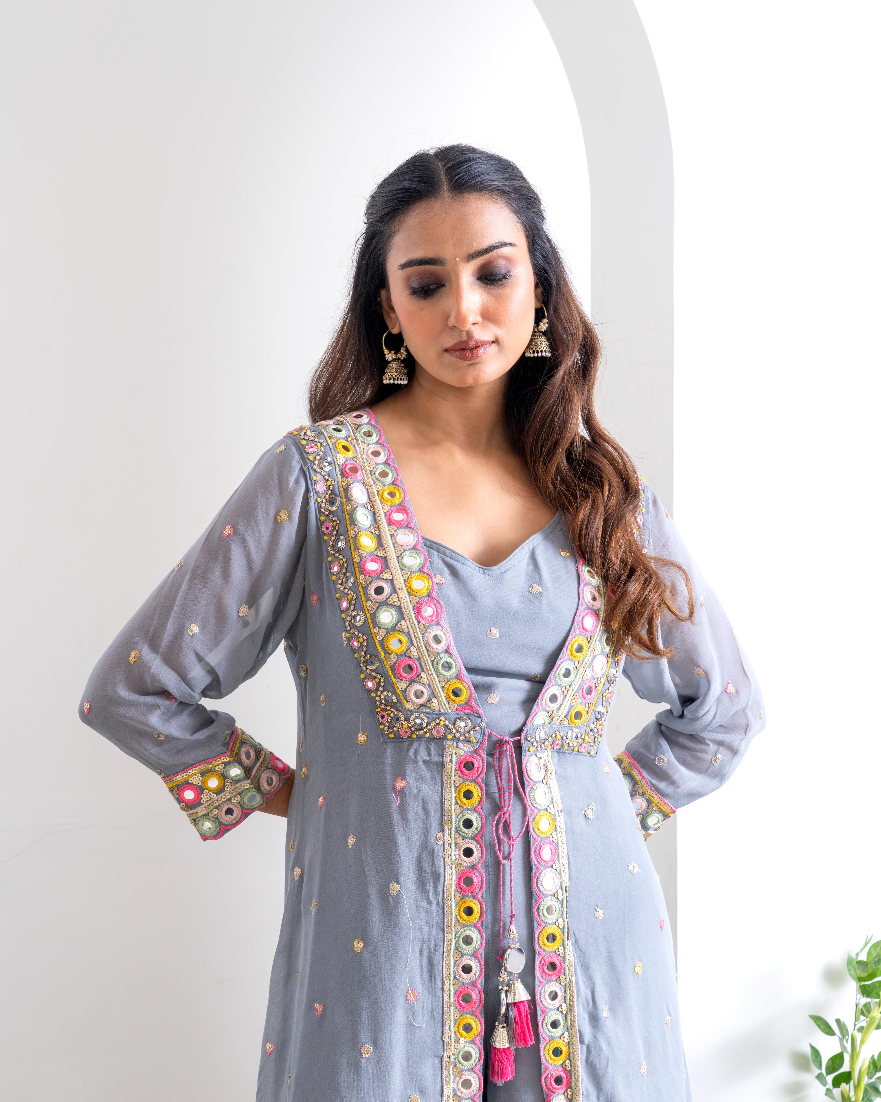 Powder Blue Pure Chiffon Indo-Western Sharara Set
