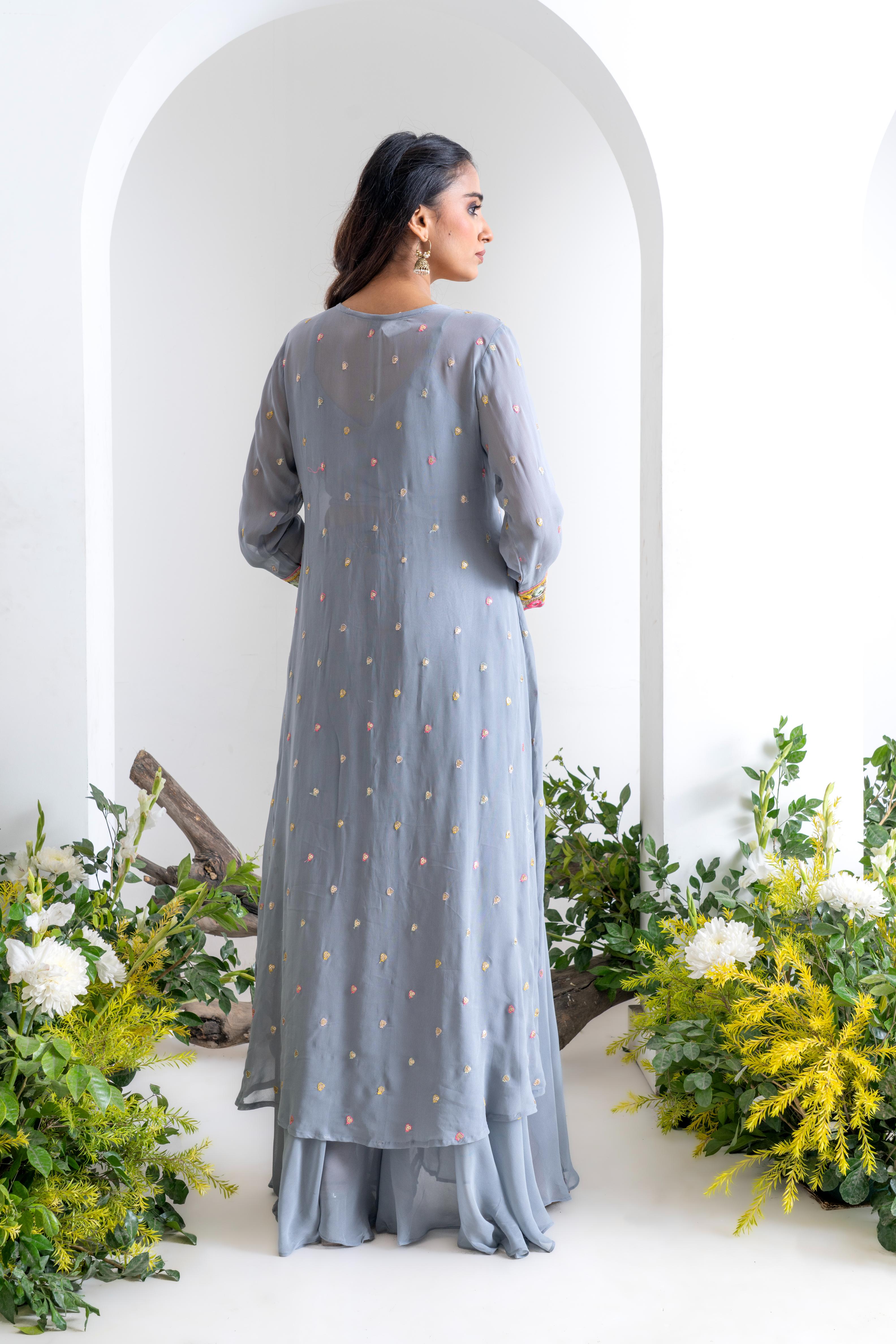 Powder Blue Pure Chiffon Indo-Western Sharara Set