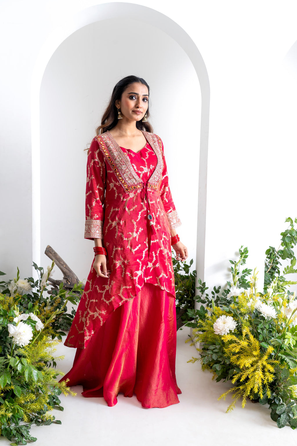 Red Pure Shimmer Tissue Indo-Western Sharara Set