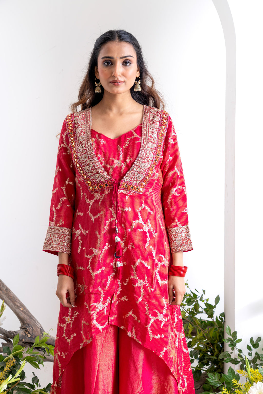 Red Pure Shimmer Tissue Indo-Western Sharara Set