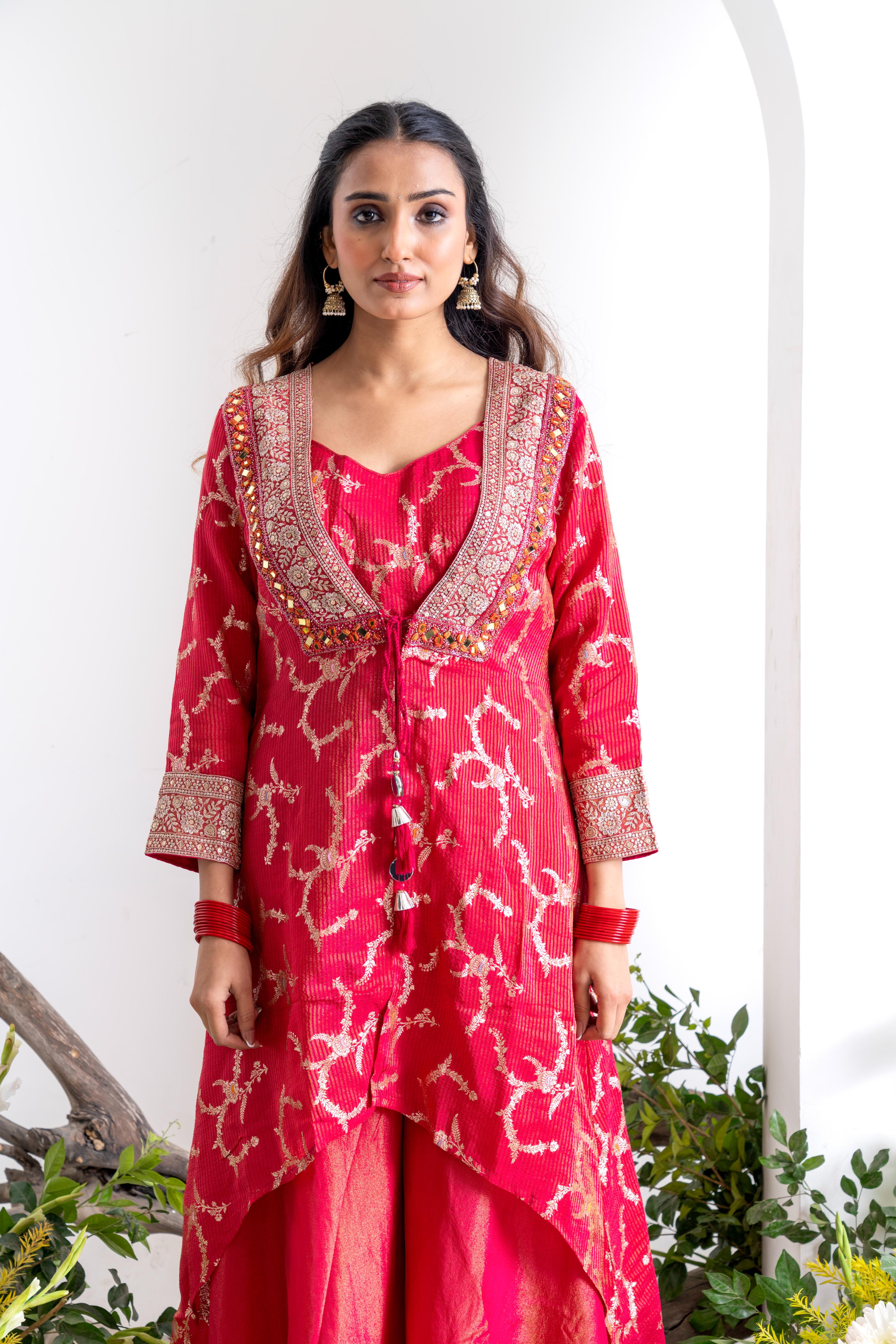 Red Pure Shimmer Tissue Indo-Western Sharara Set