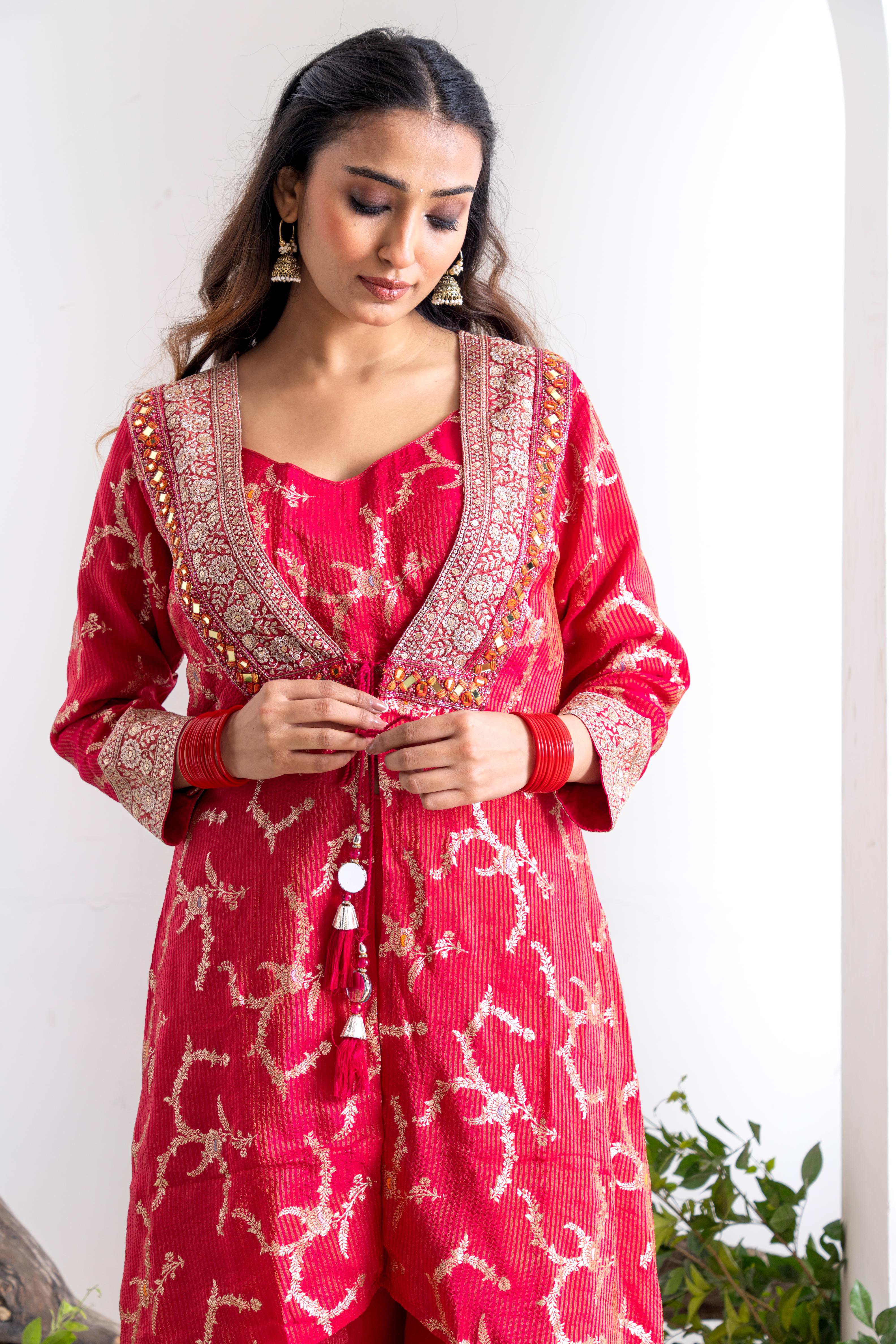 Red Pure Shimmer Tissue Indo-Western Sharara Set
