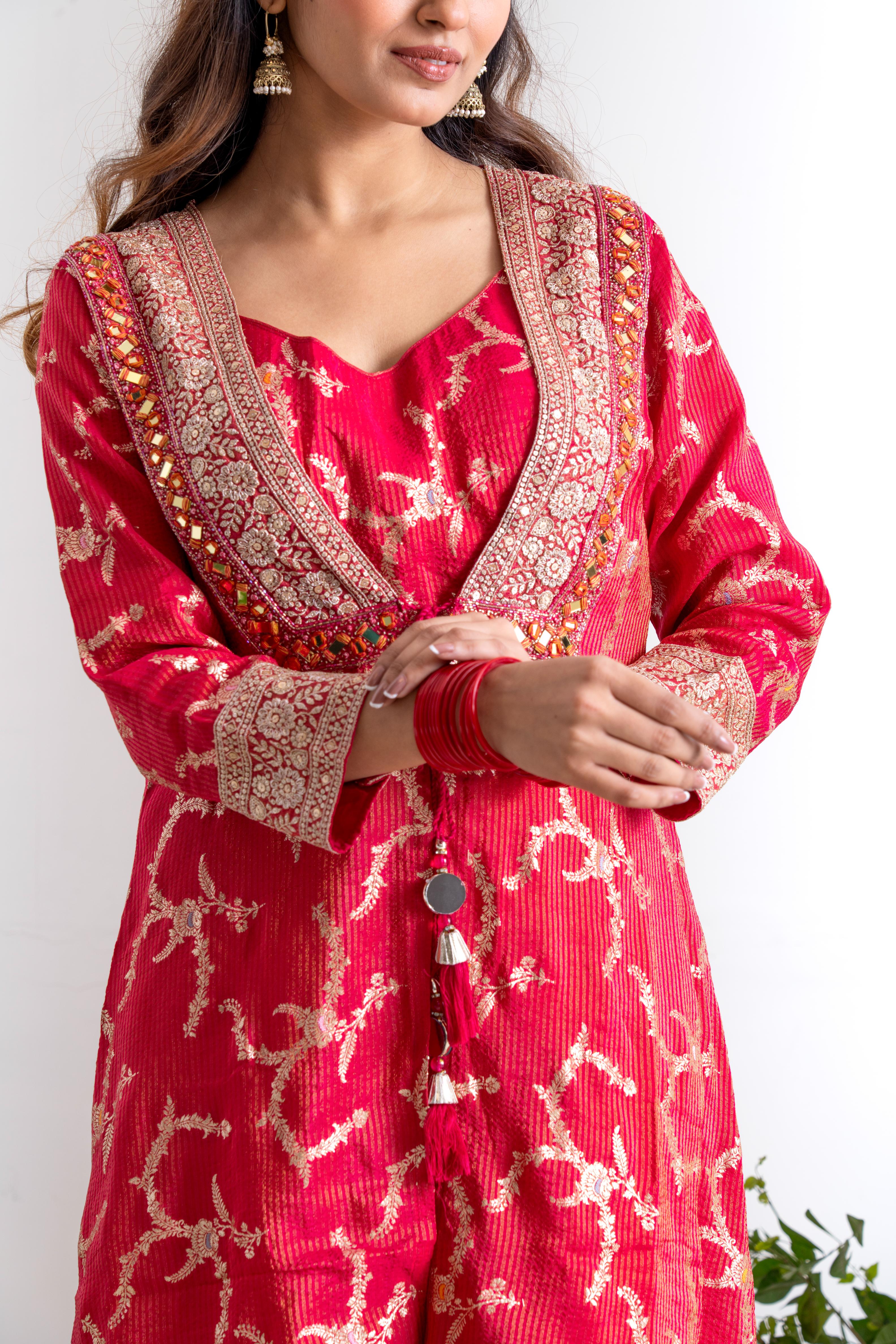 Red Pure Shimmer Tissue Indo-Western Sharara Set