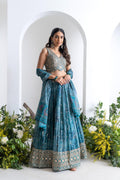 Teal Blue Soft Organza Lehenga Set with Hand Embroidery