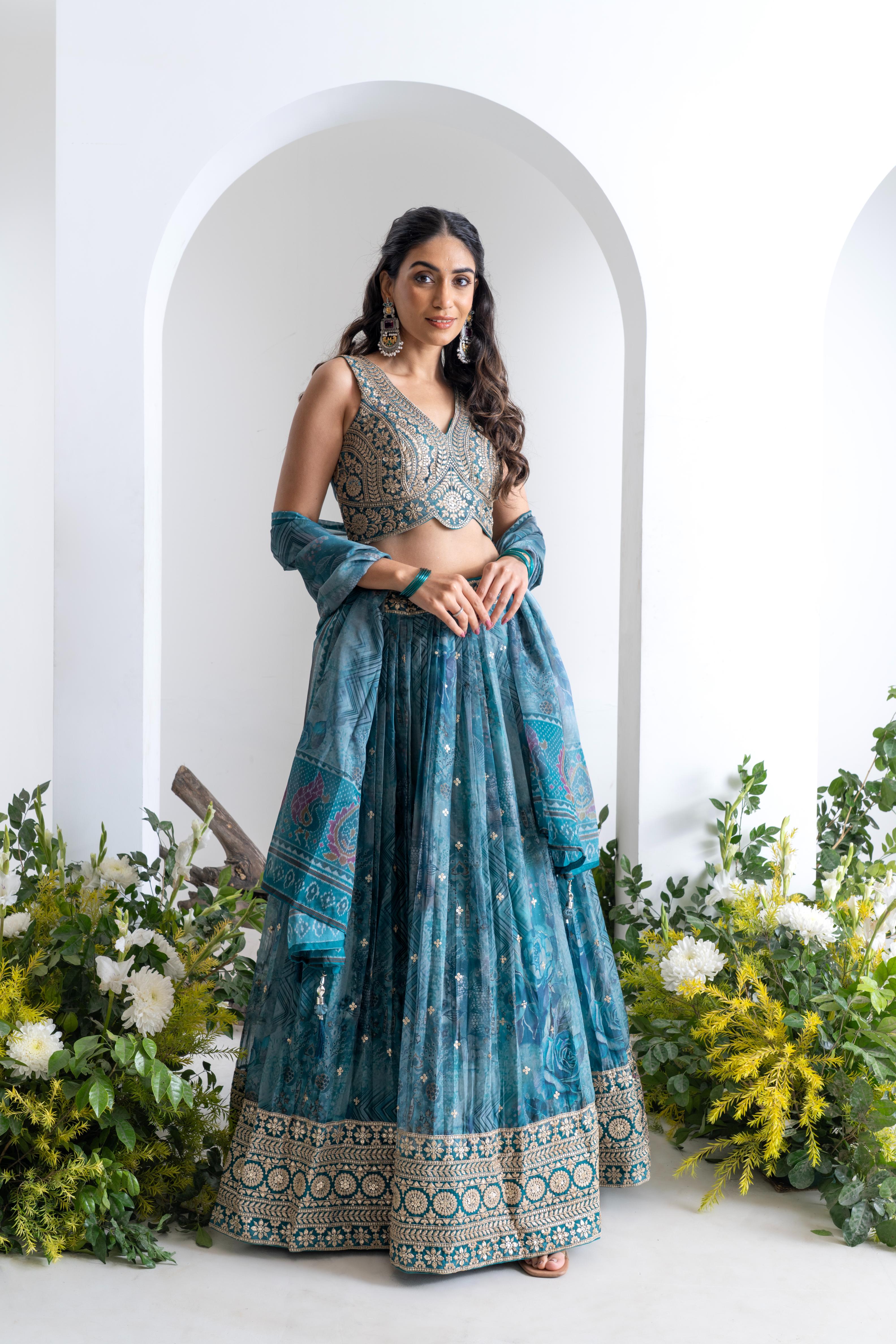 Teal Blue Soft Organza Lehenga Set with Hand Embroidery