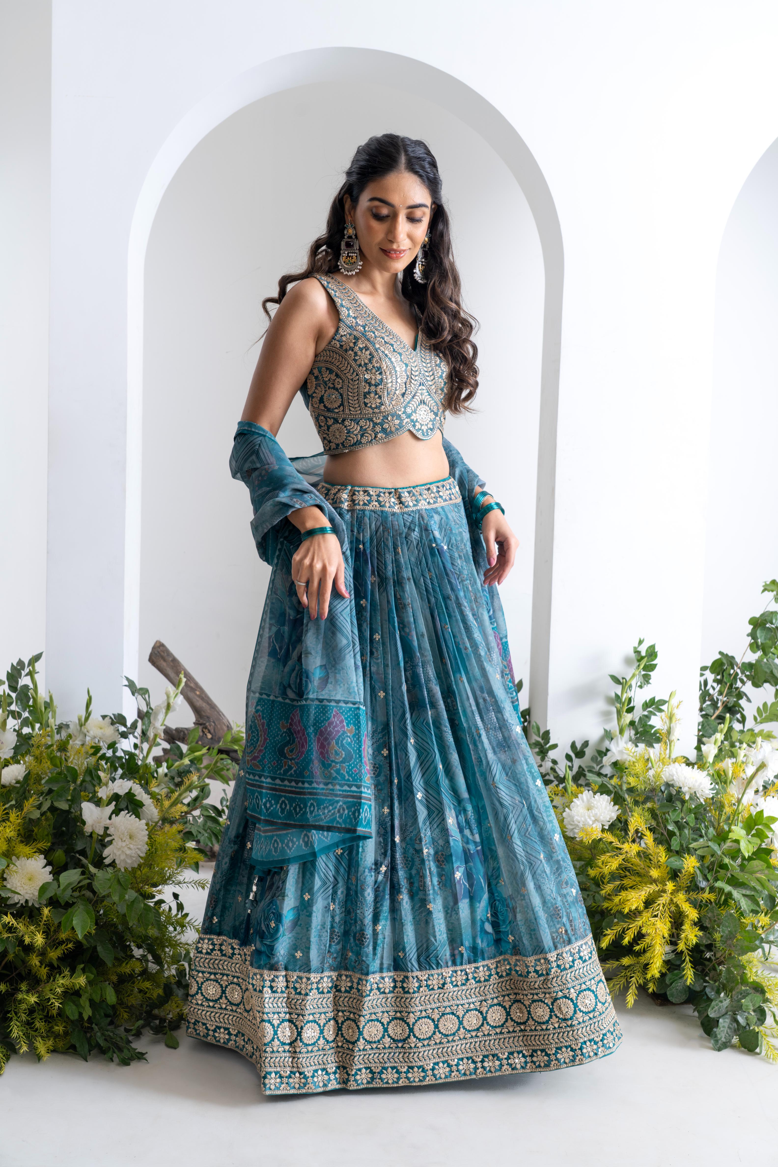 Teal Blue Soft Organza Lehenga Set with Hand Embroidery