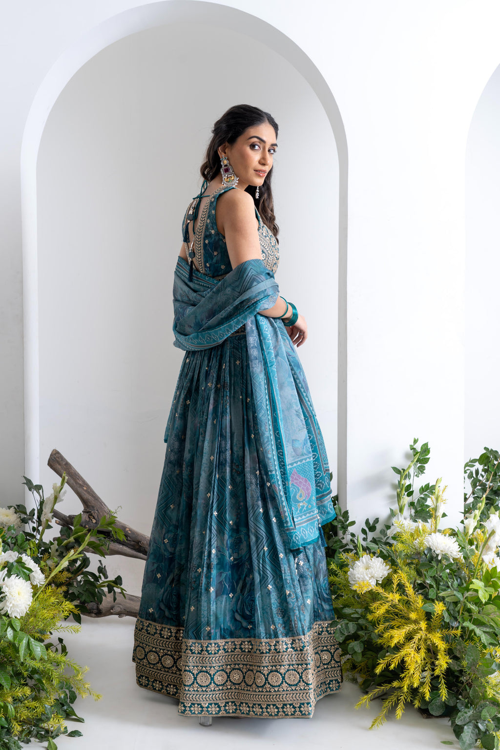 Teal Blue Soft Organza Lehenga Set with Hand Embroidery