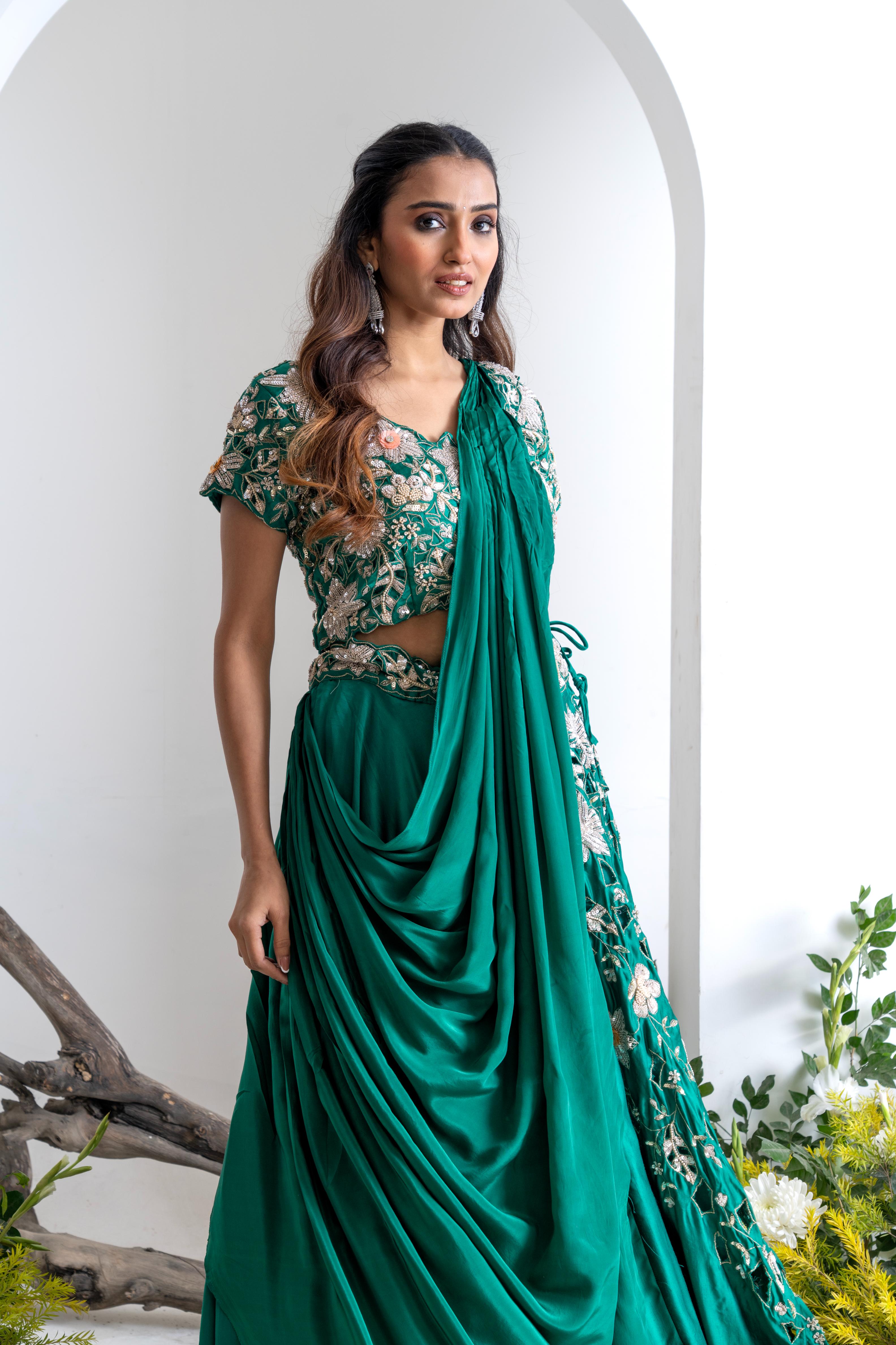 Emerald Green Gajji Silk Lehenga Set with Saree-Style Dupatta