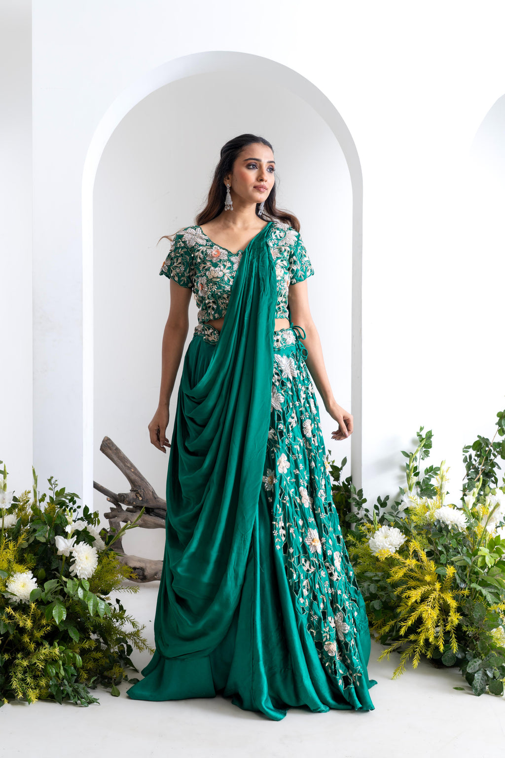 Emerald Green Gajji Silk Lehenga Set with Saree-Style Dupatta