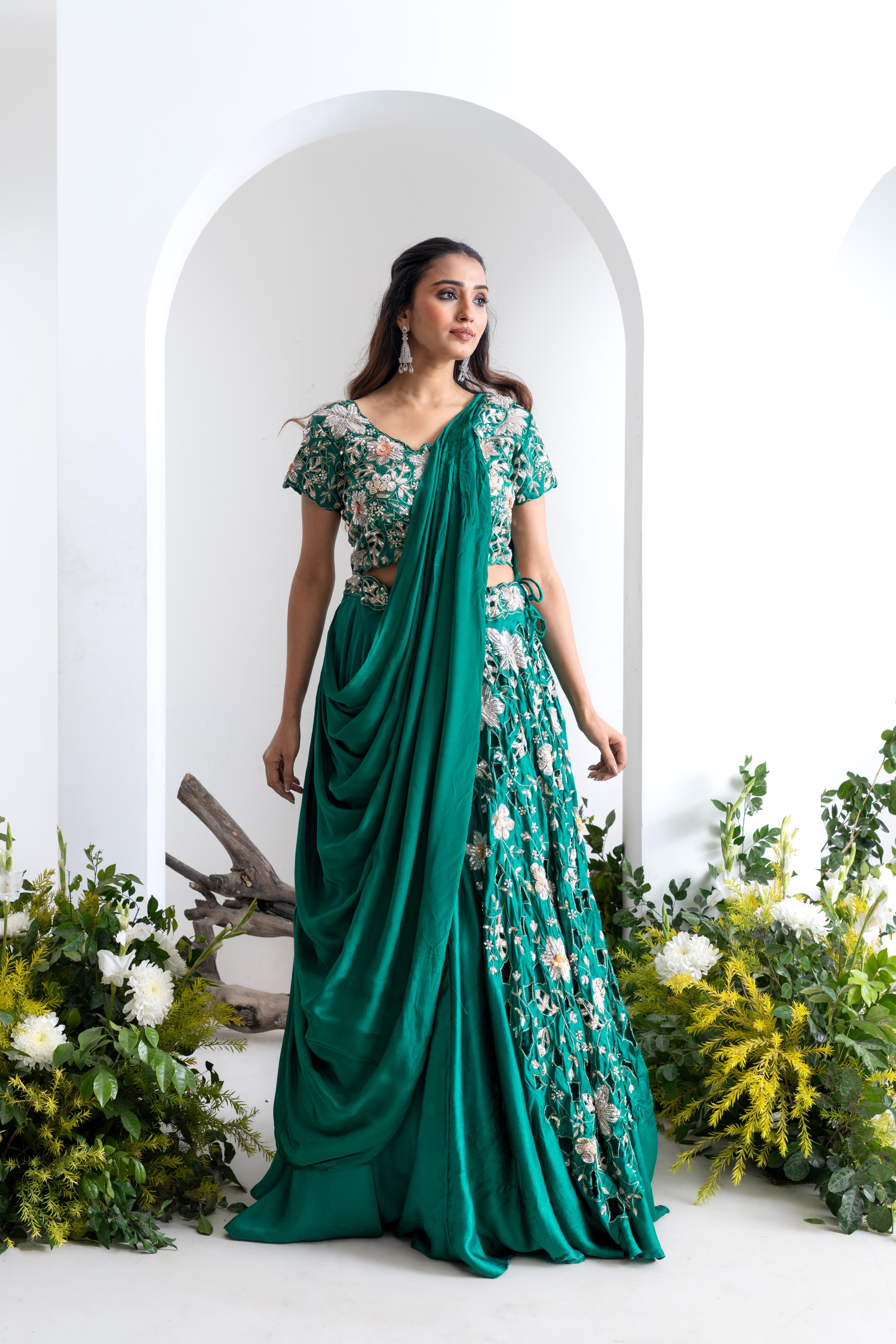 Emerald Green Gajji Silk Lehenga Set with Saree-Style Dupatta