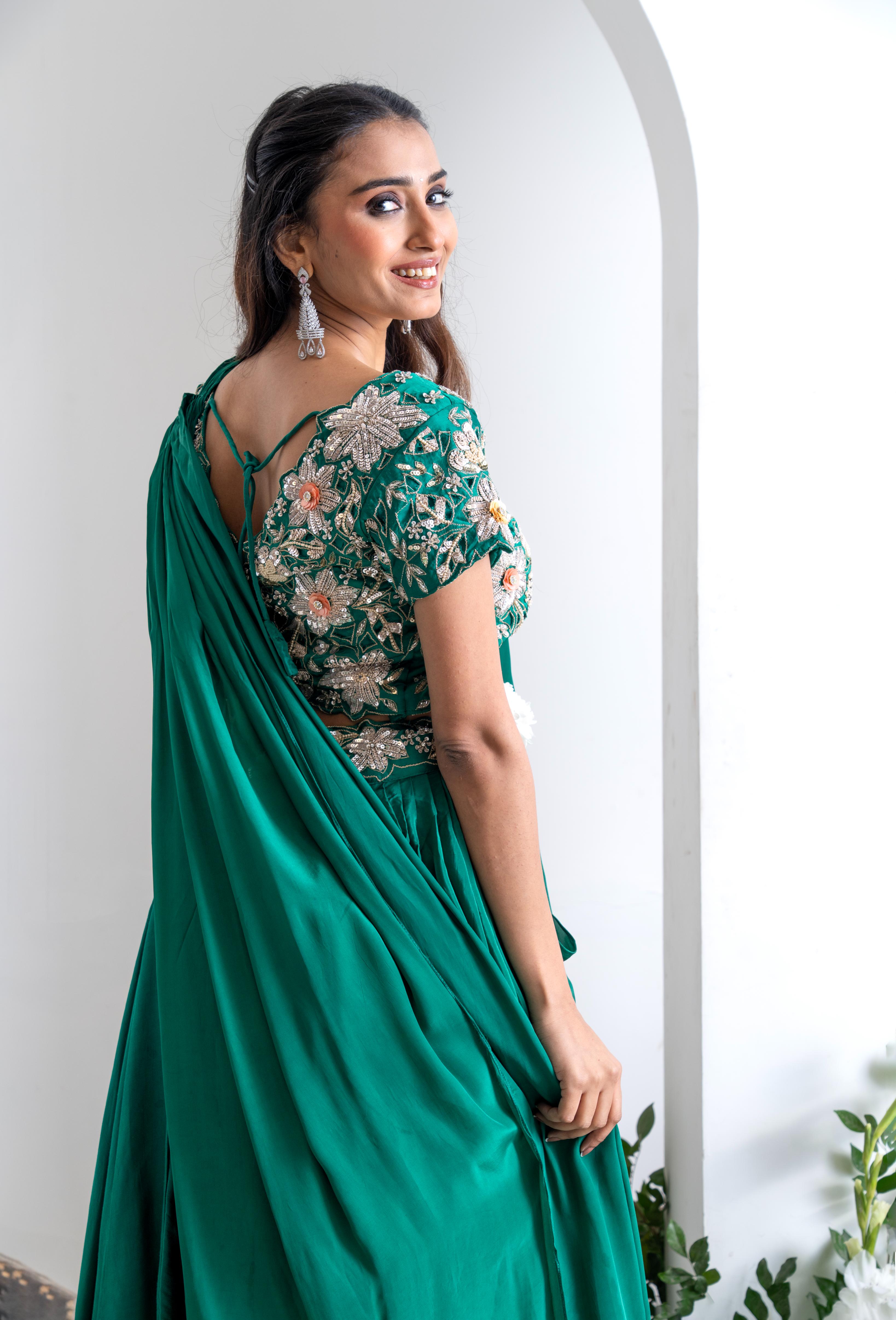 Emerald Green Gajji Silk Lehenga Set with Saree-Style Dupatta
