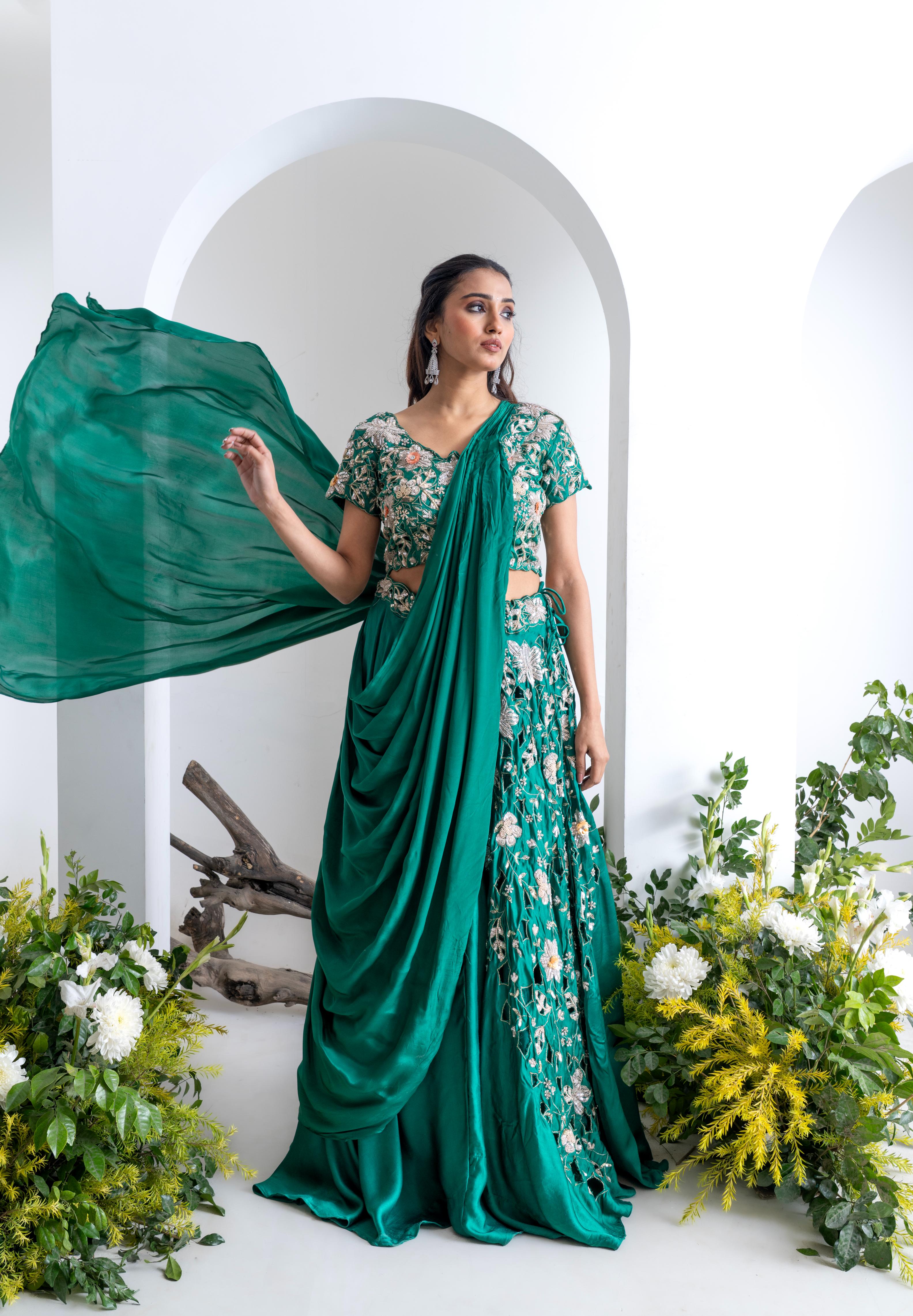 Emerald Green Gajji Silk Lehenga Set with Saree-Style Dupatta