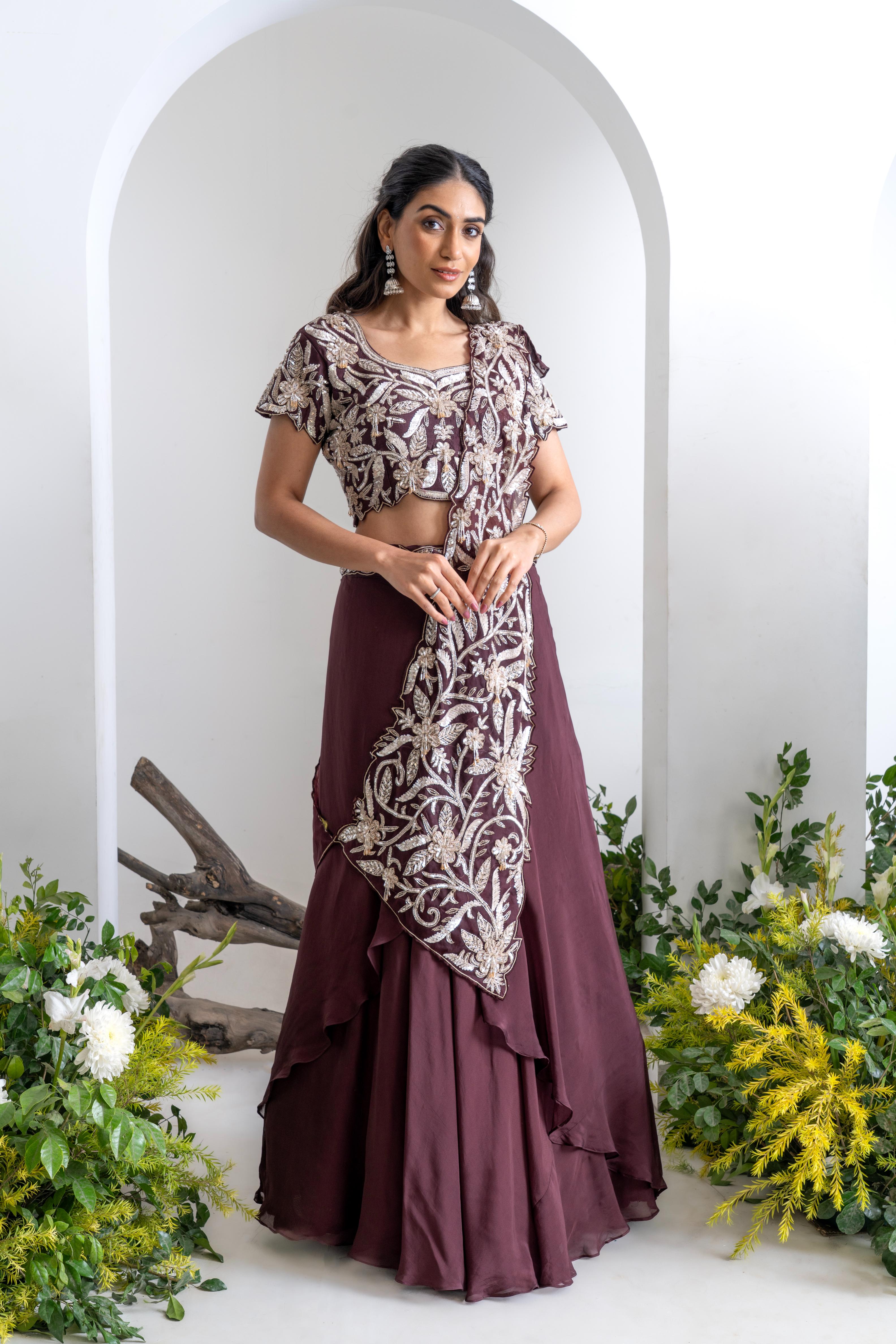 Wine Soft Georgette Lehenga Set with Hand Embroidery