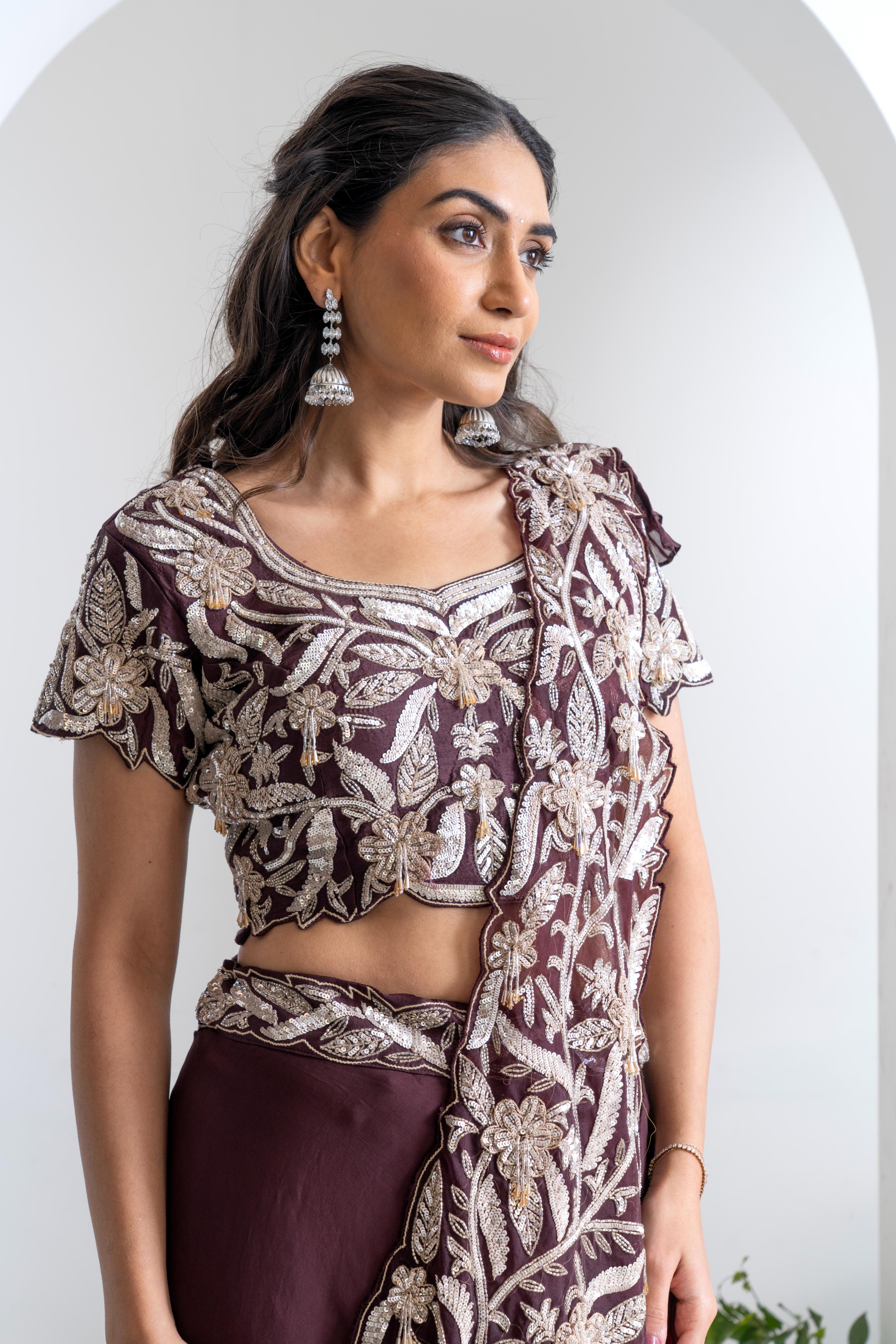 Wine Soft Georgette Lehenga Set with Hand Embroidery