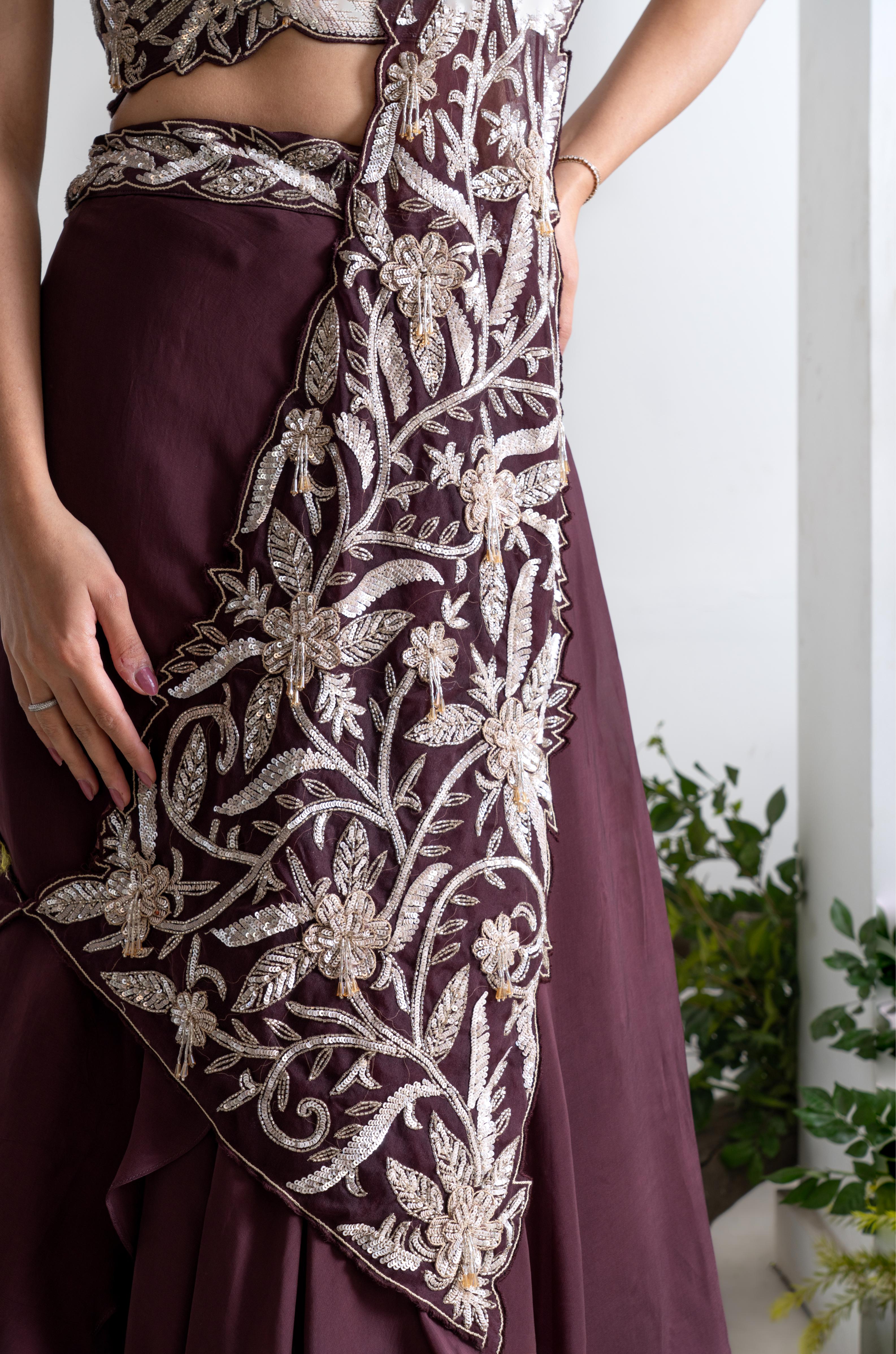 Wine Soft Georgette Lehenga Set with Hand Embroidery