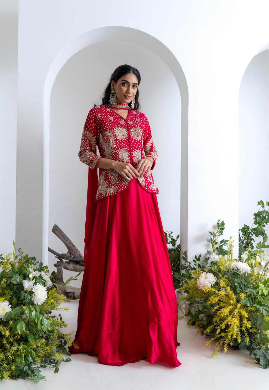 Crimson Red Gajji Silk Indo-Western Set with Necklace-Style Dupatta