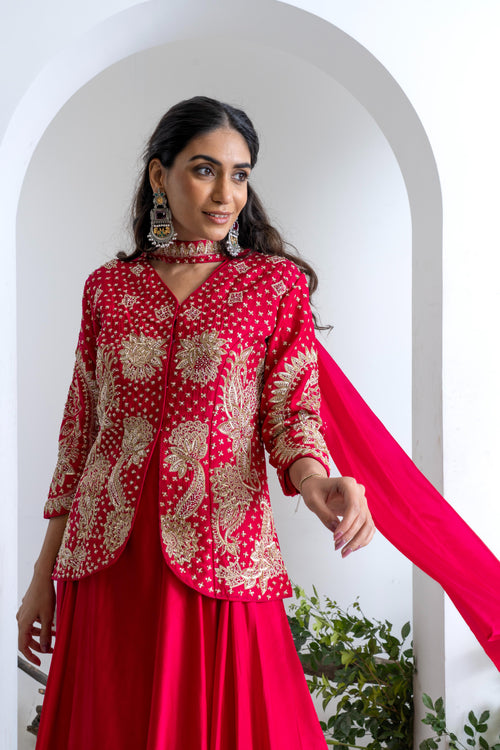 Crimson Red Gajji Silk Indo-Western Set with Necklace-Style Dupatta