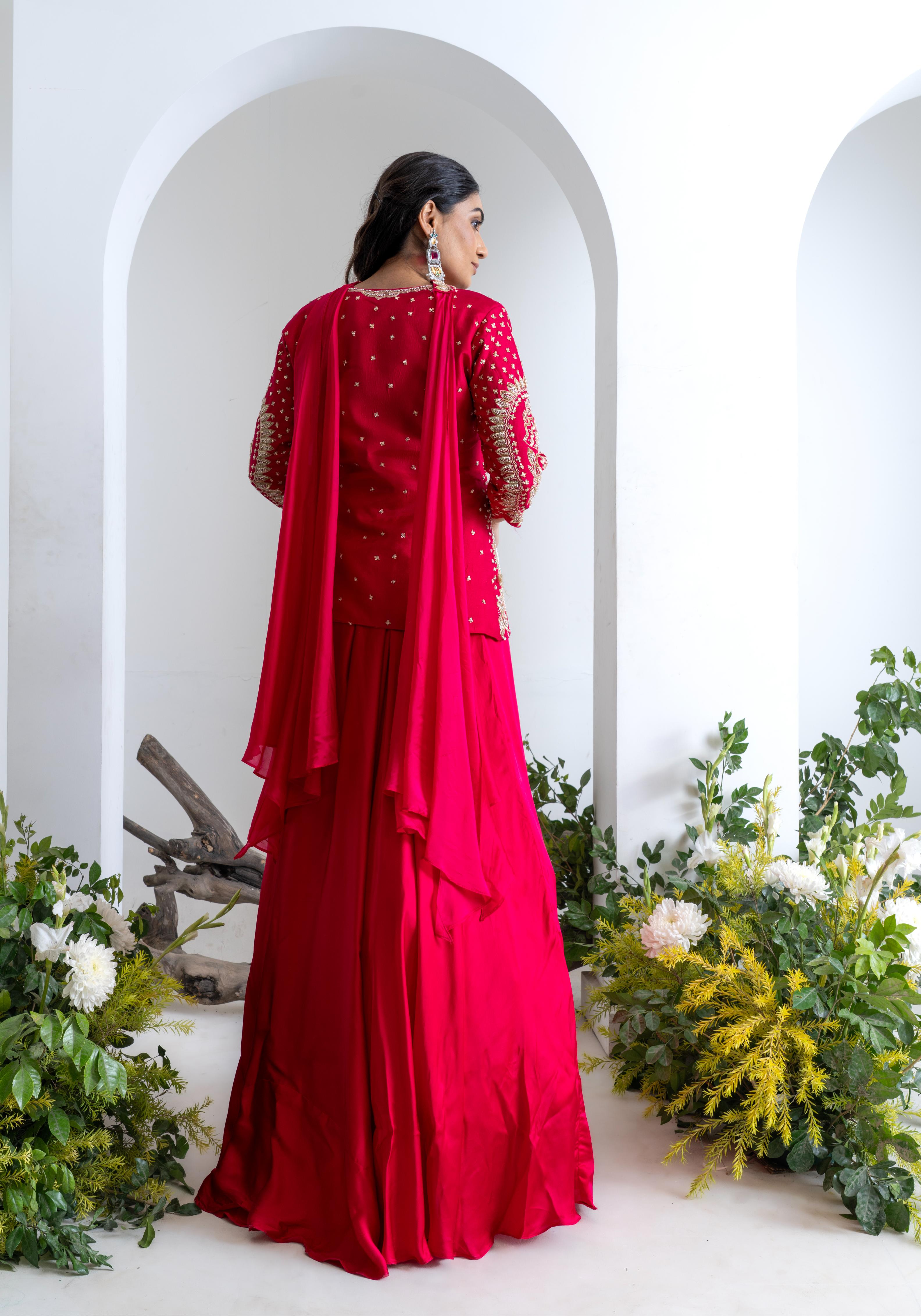 Crimson Red Gajji Silk Indo-Western Set with Necklace-Style Dupatta